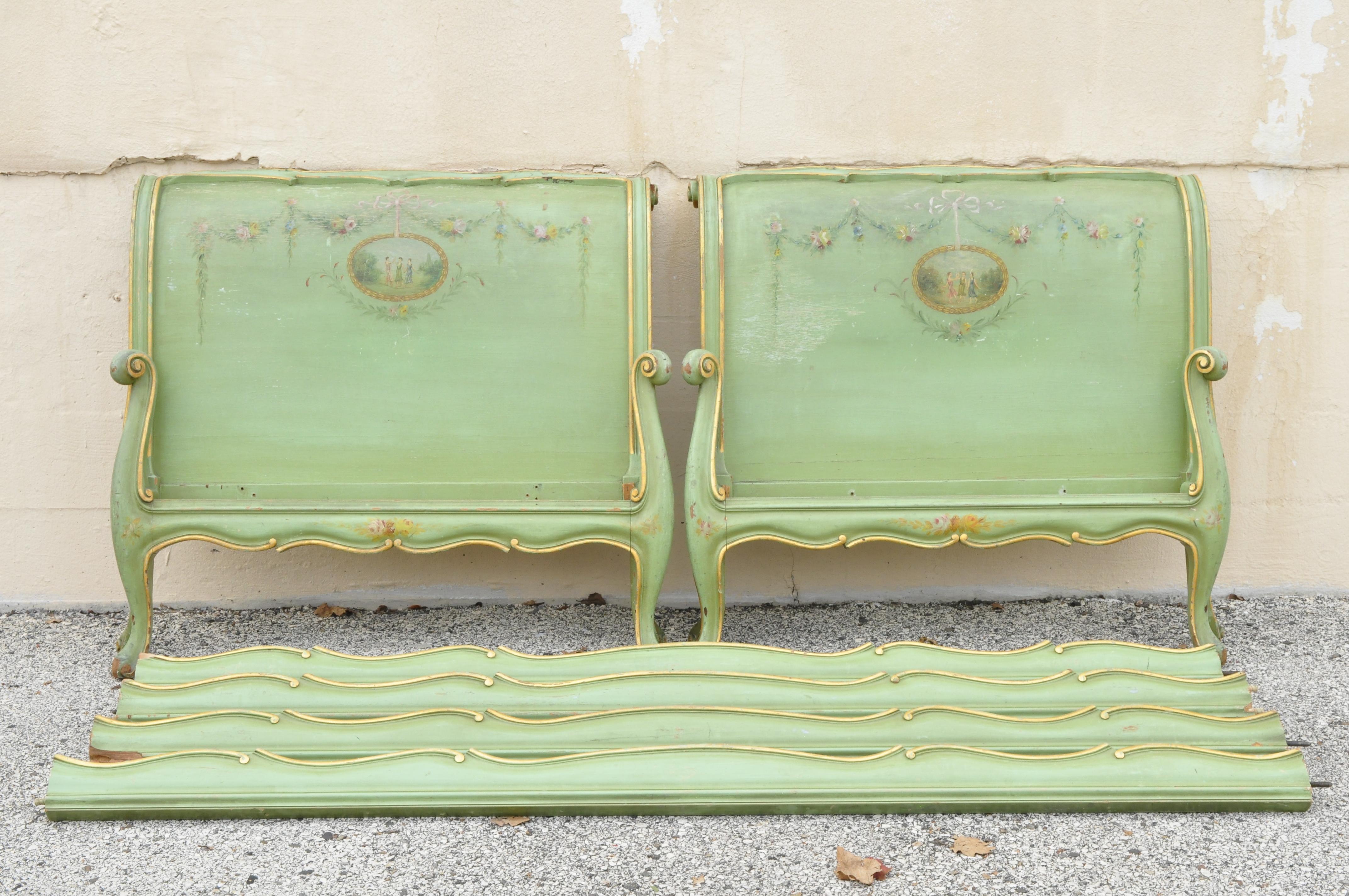 Pair of Antique French Louis XV Green Distress Painted European Twin Bed Frames 4