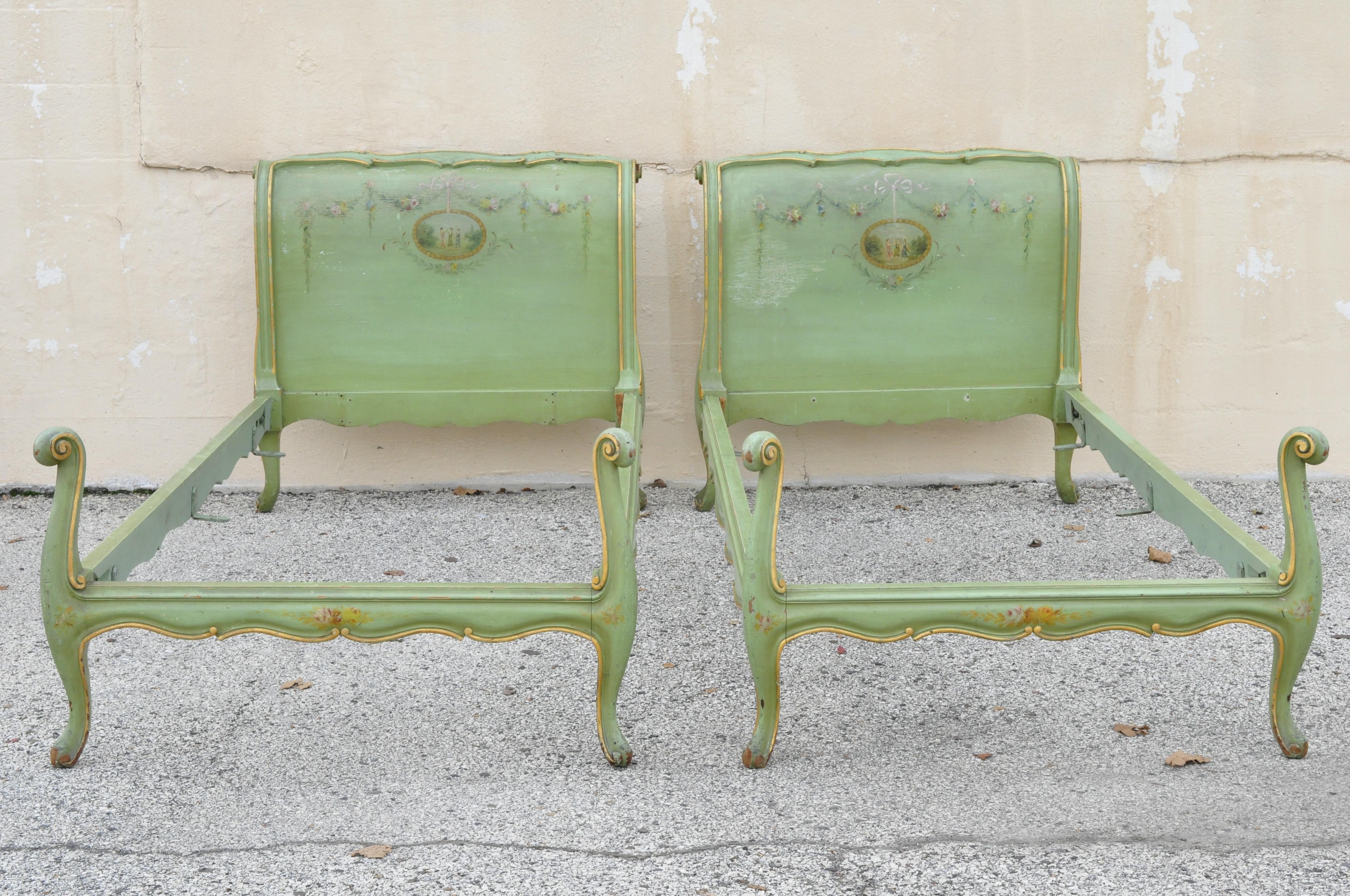Pair of antique French Louis XV style green distress painted European twin bed frames. Beds are European twin / single bed size and feature distressed finish, cabriole legs, very nice antique form, circa early 20th century. Measurements: 37
