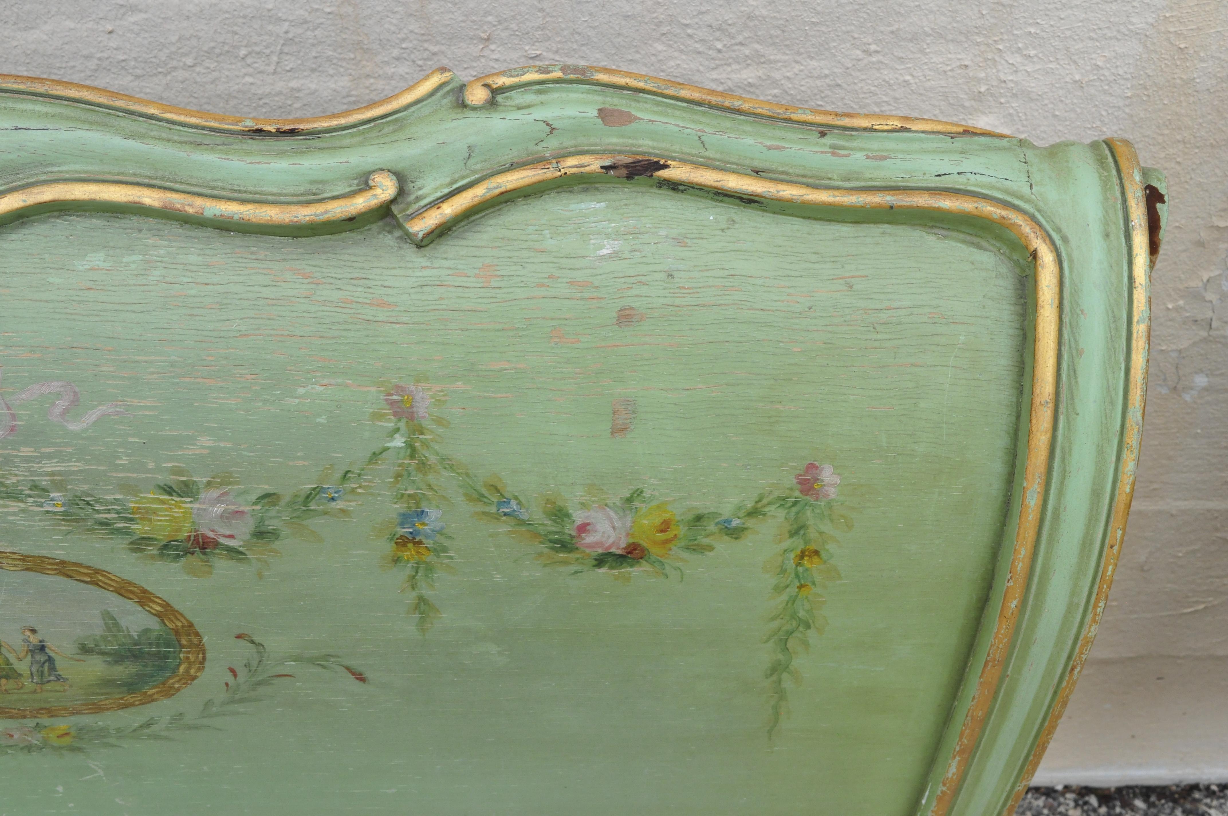 Pair of Antique French Louis XV Green Distress Painted European Twin Bed Frames In Distressed Condition In Philadelphia, PA