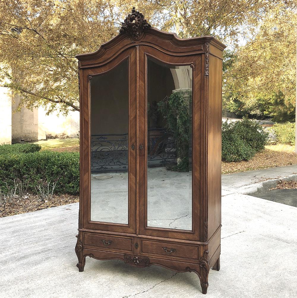 Beveled Pair of Antique French Louis XV Mahogany Armoires