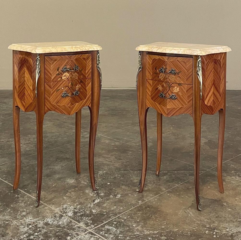 Pair antique French Louis XV Mahogany Marquetry marble top nightstands will make a timeless style statement to your bedroom, but also make great choices as side tables against the wall! Topped with Sienna marble that has been contoured and beveled