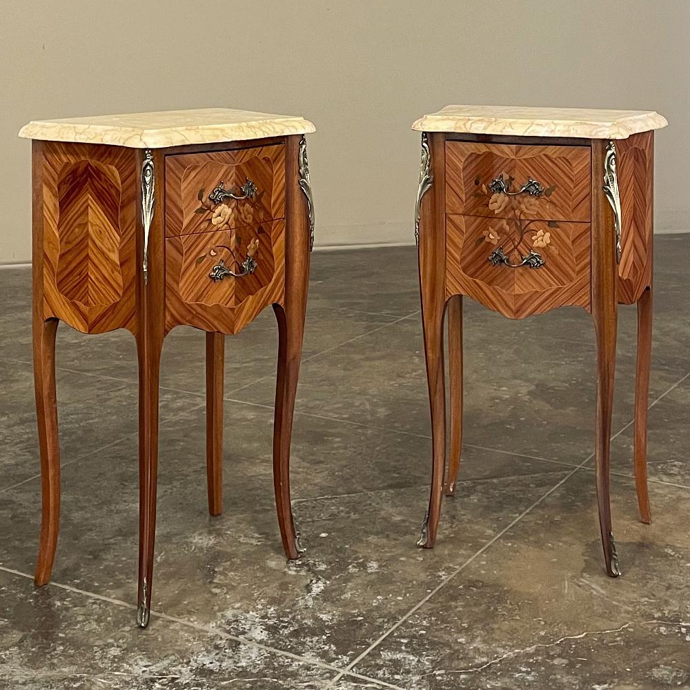 Hand-Crafted Pair Antique French Louis XV Mahogany Marquetry Marble Top Nightstands For Sale