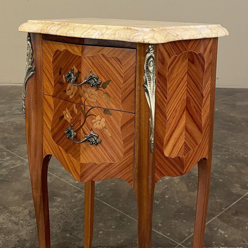 Brass Pair Antique French Louis XV Mahogany Marquetry Marble Top Nightstands For Sale