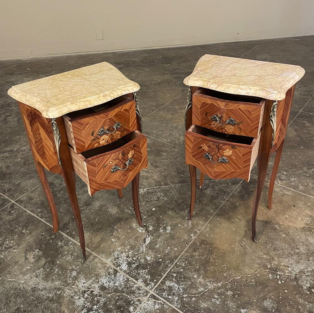 Pair Antique French Louis XV Mahogany Marquetry Marble Top Nightstands For Sale 2