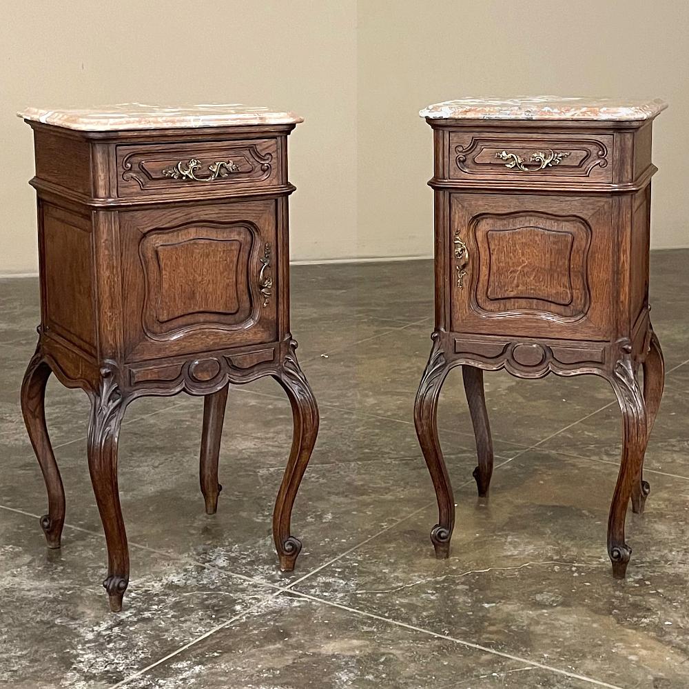 Hand-Crafted Pair Antique French Louis XV Marble Top Nightstands For Sale