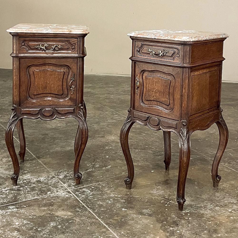 Pair Antique French Louis XV Marble Top Nightstands In Good Condition For Sale In Dallas, TX
