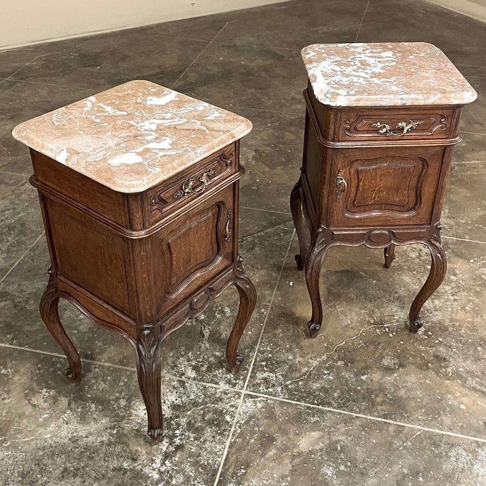 Bronze Pair Antique French Louis XV Marble Top Nightstands For Sale