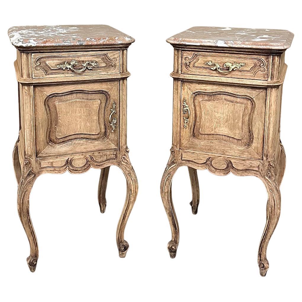 Pair Antique French Louis XV Marble Top Nightstands