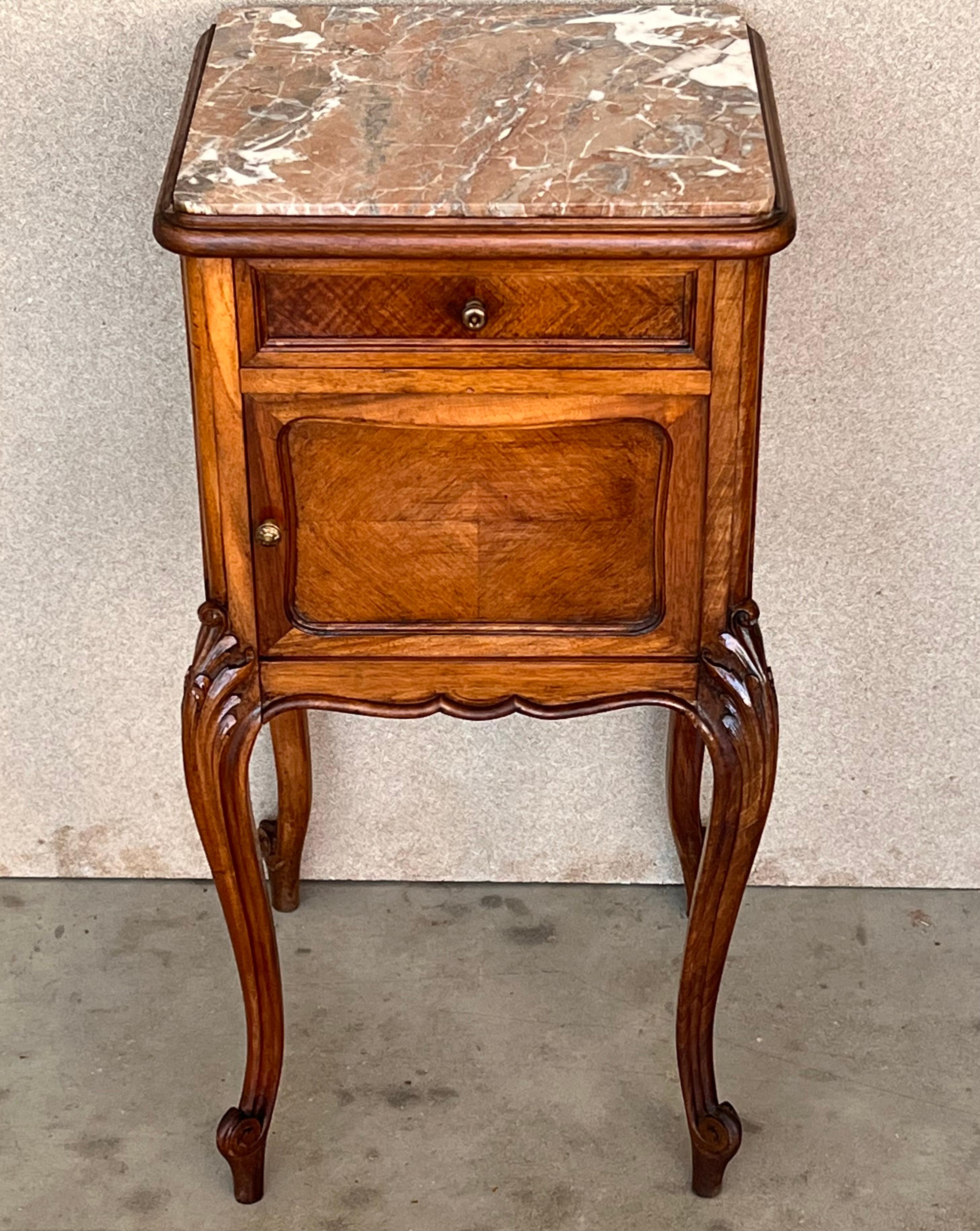 Pair Antique French Louis XV Marble Top Tall Nightstands In Good Condition In Miami, FL