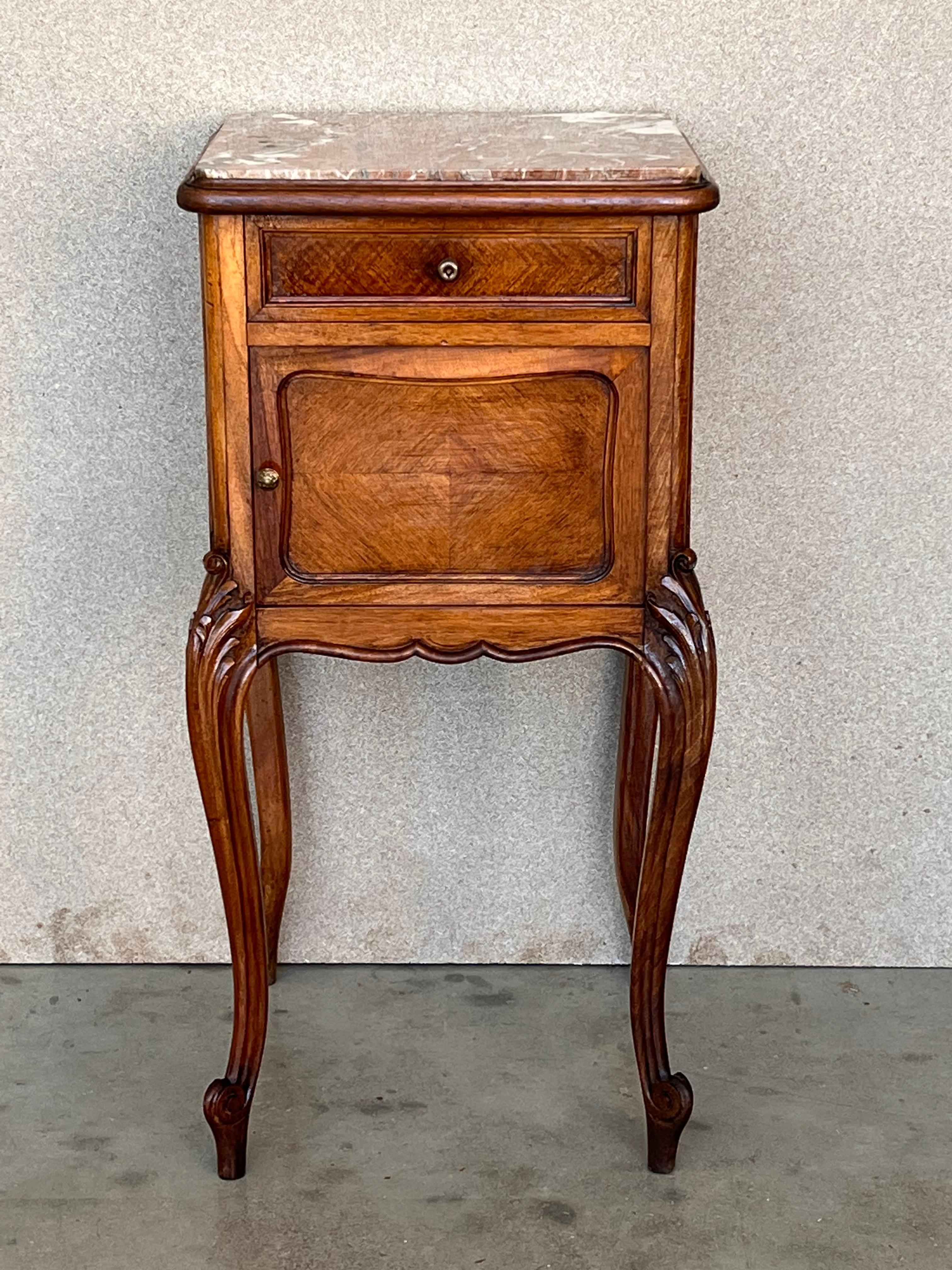 20th Century Pair Antique French Louis XV Marble Top Tall Nightstands