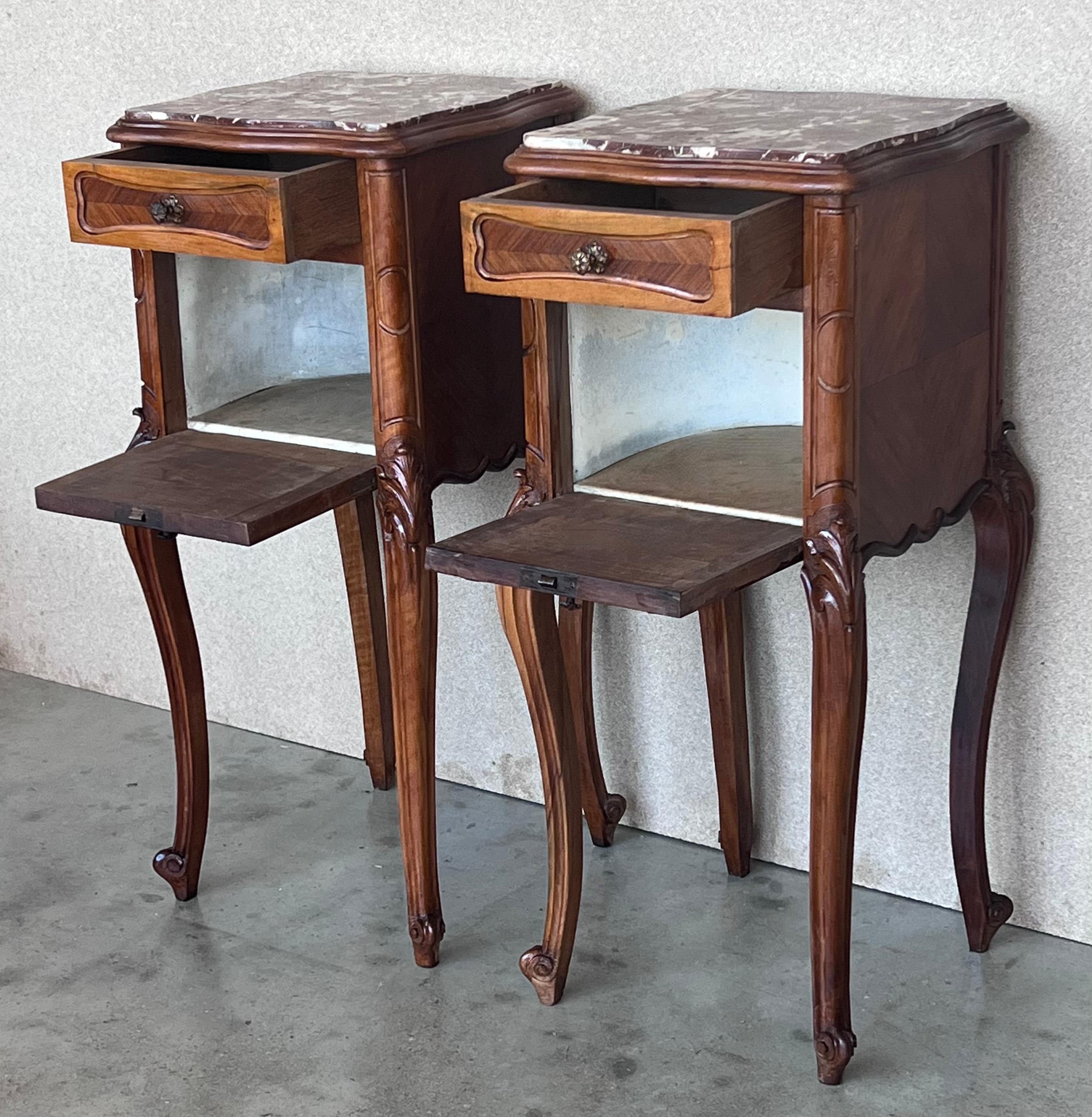 Pair Antique French Louis XV Marble Top Tall Nightstands In Good Condition In Miami, FL