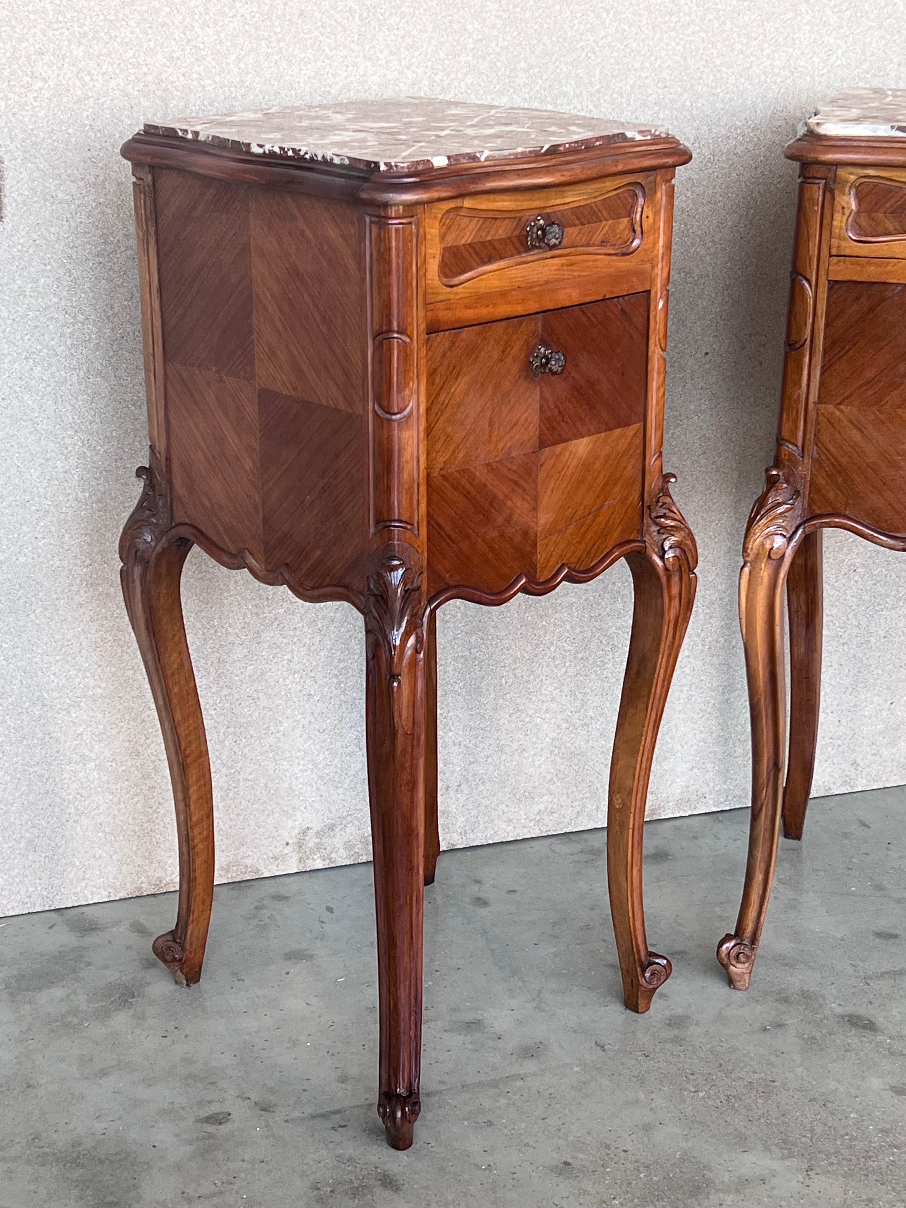 Pair Antique French Louis XV Marble Top Tall Nightstands 1