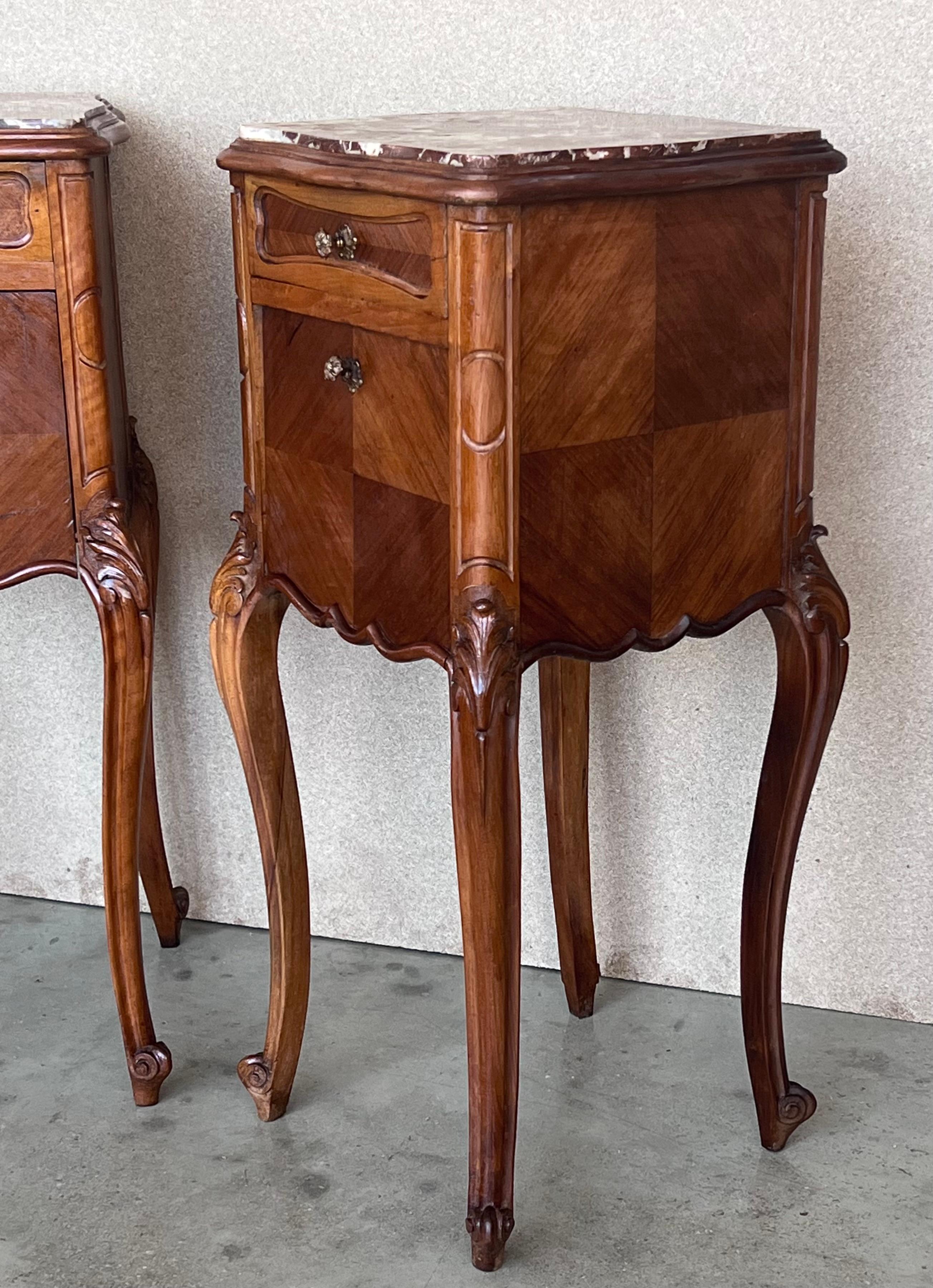 Pair Antique French Louis XV Marble Top Tall Nightstands 2