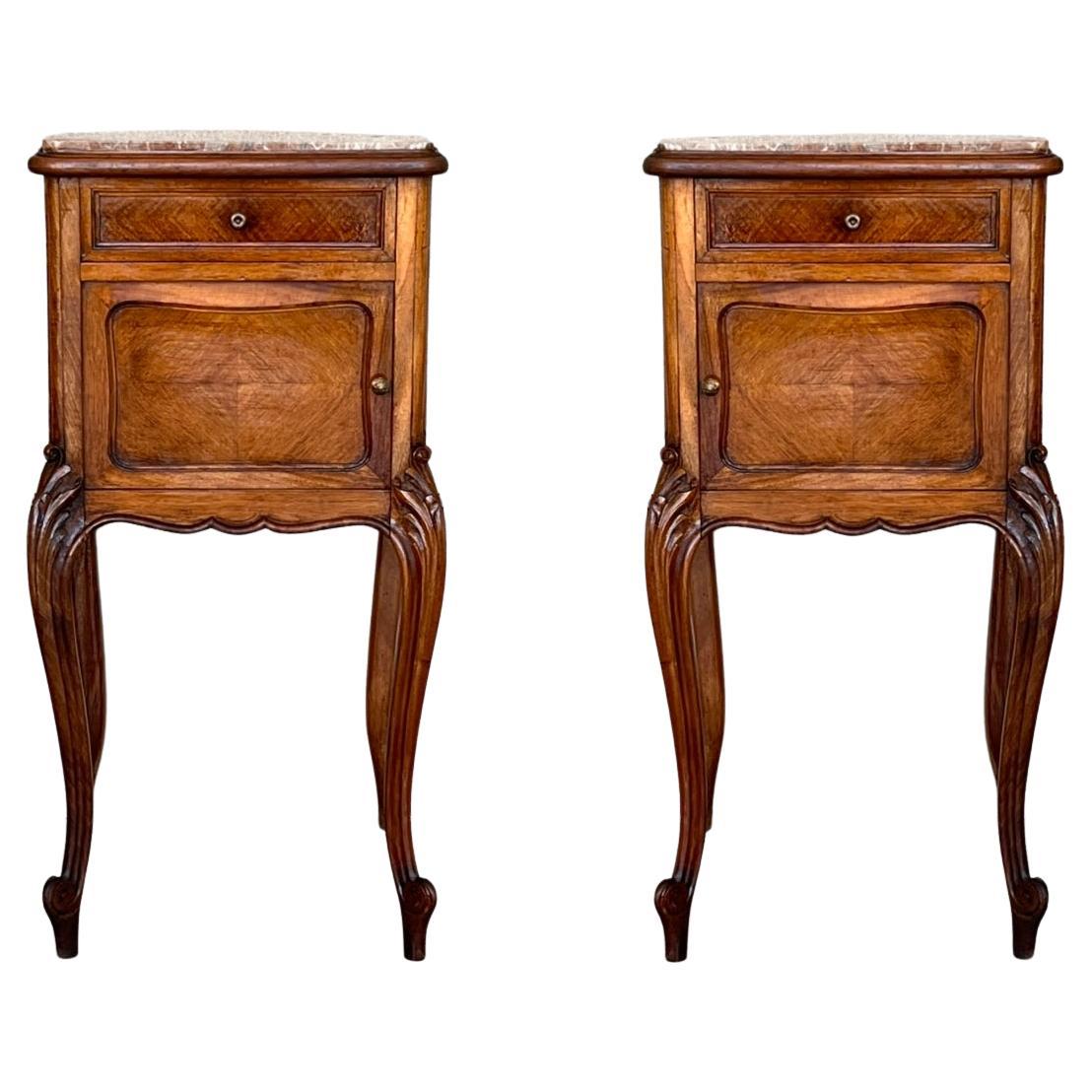 Pair Antique French Louis XV Marble Top Tall Nightstands