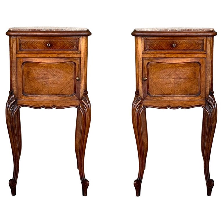 Pair Antique French Louis XV Marble Top Tall Nightstands For Sale at