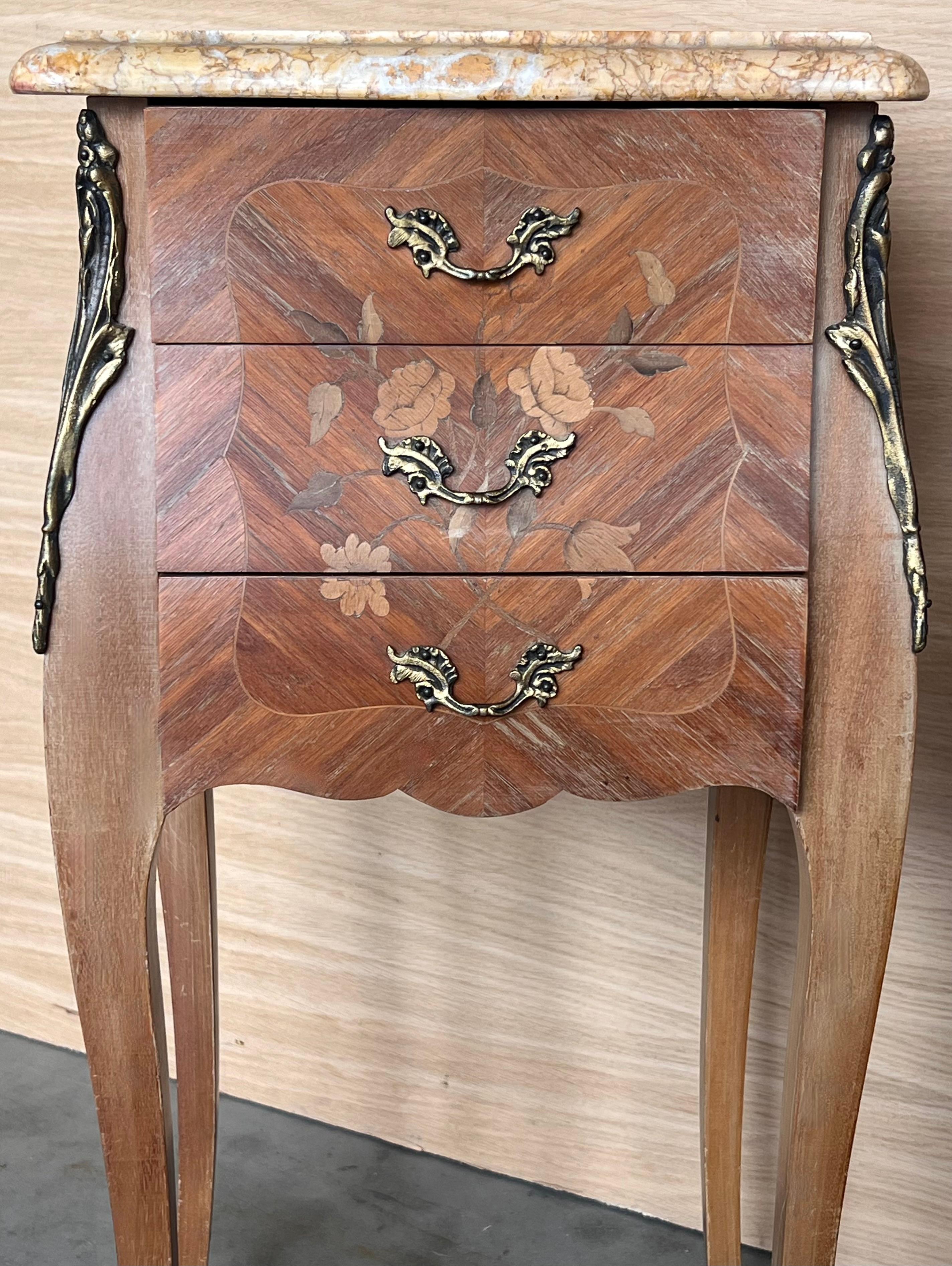 Pair Antique French Louis XV Marquetry Marble Top Nightstands For Sale 5