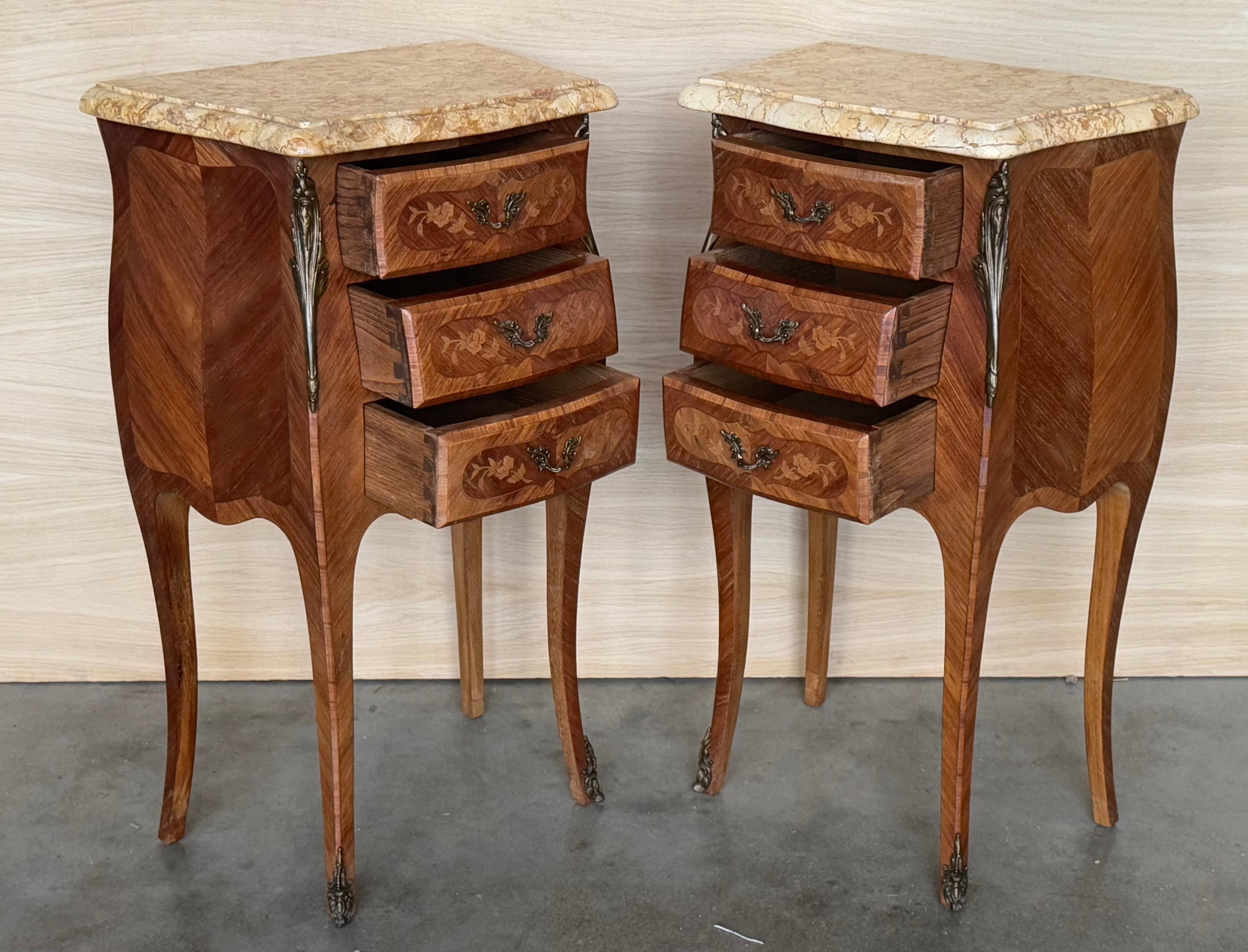 Pair Antique French Louis XV Marquetry Marble Top Nightstands For Sale 5