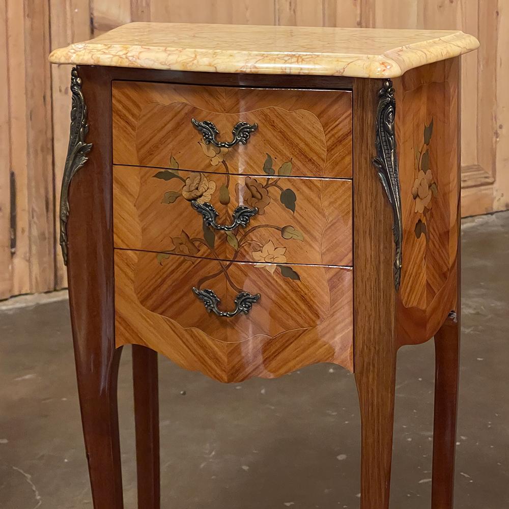 Pair Antique French Louis XV Marquetry Marble Top Nightstands For Sale 5