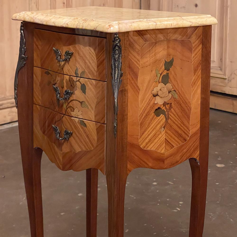 Pair Antique French Louis XV Marquetry Marble Top Nightstands For Sale 10