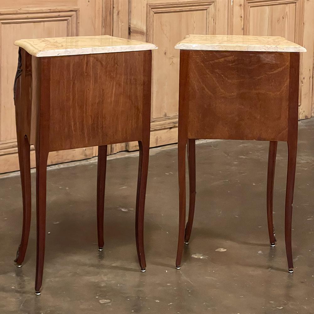 Pair Antique French Louis XV Marquetry Marble Top Nightstands For Sale 14
