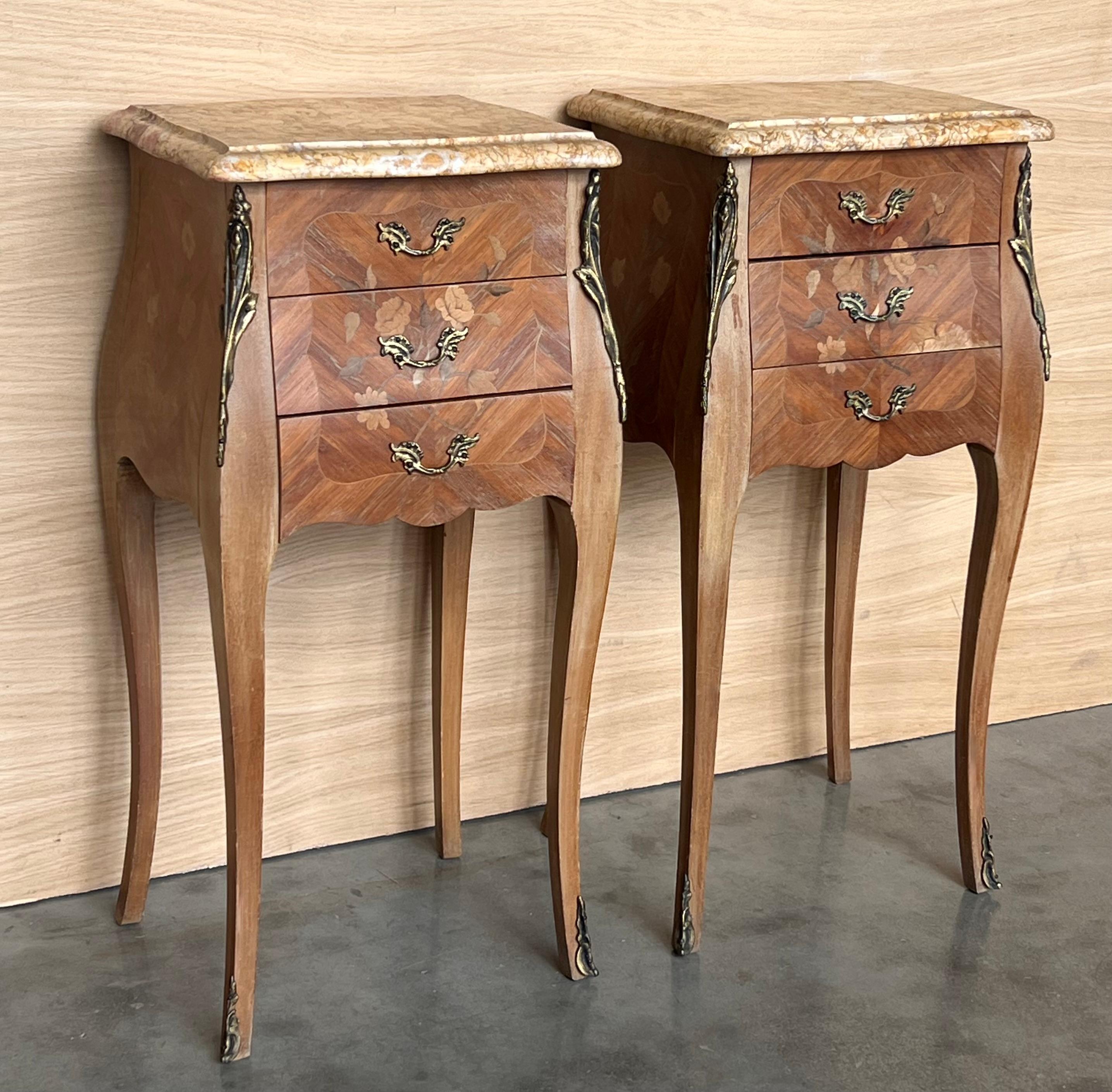 French Provincial Pair Antique French Louis XV Marquetry Marble Top Nightstands For Sale