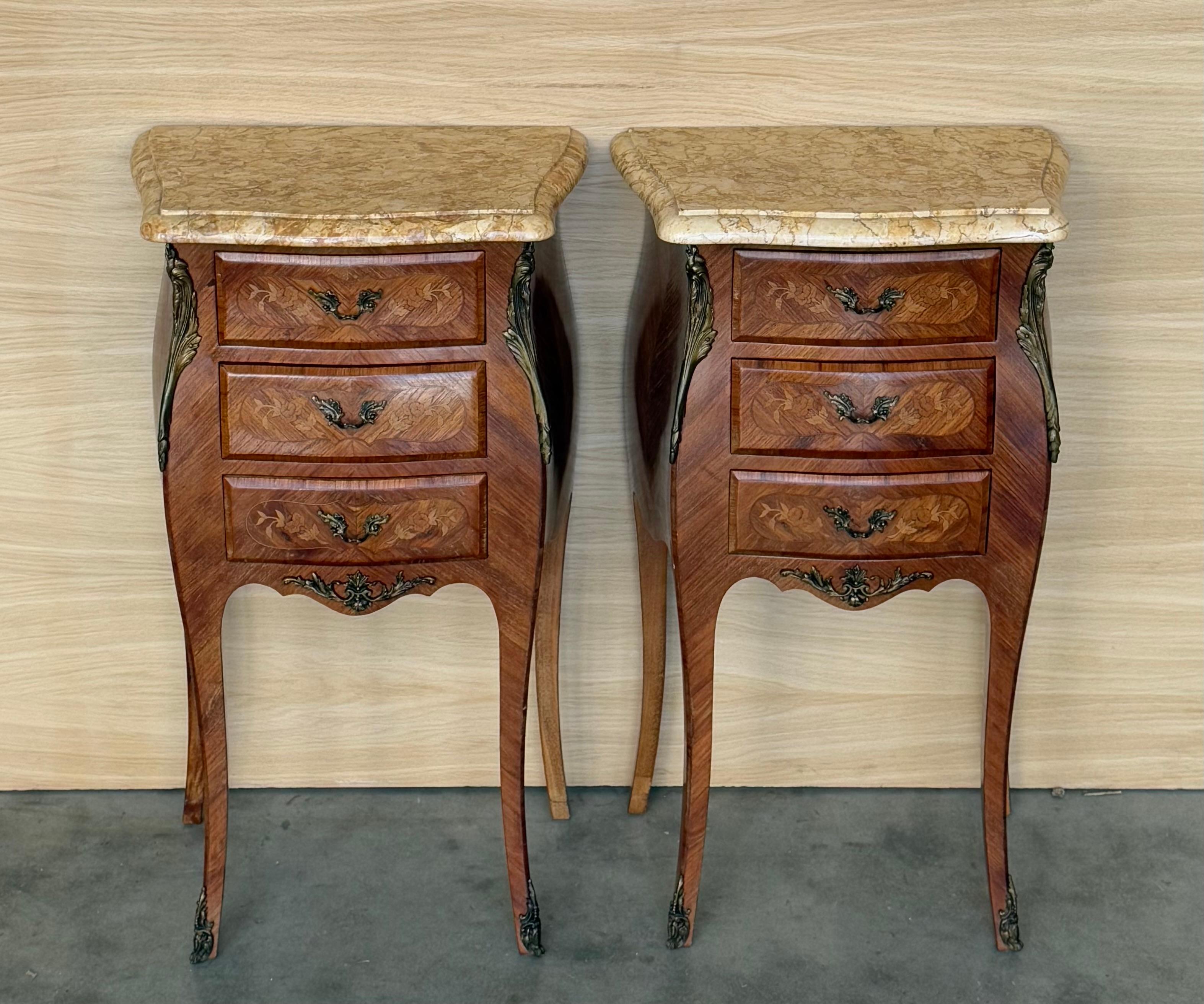 French Provincial Pair Antique French Louis XV Marquetry Marble Top Nightstands For Sale