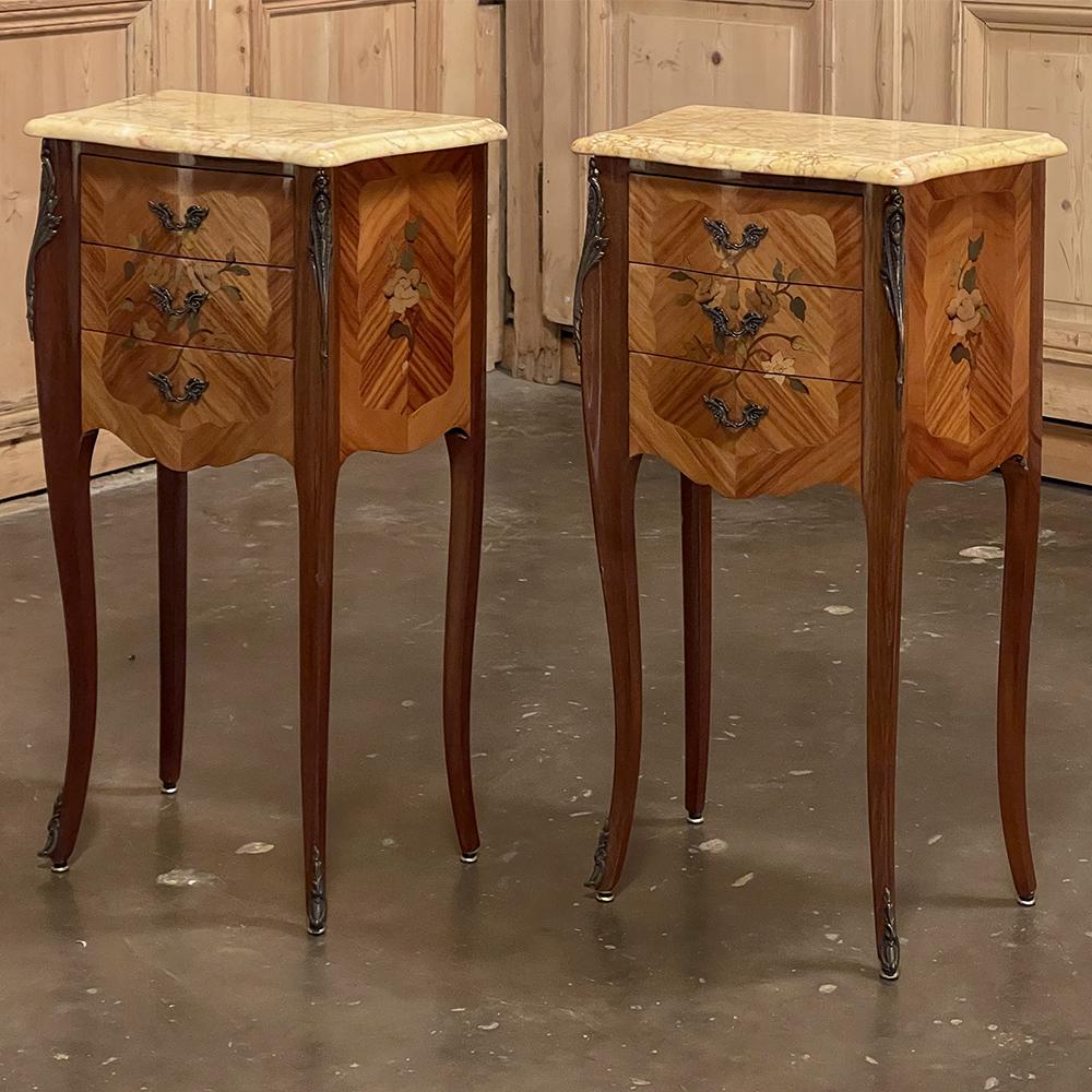 Hand-Crafted Pair Antique French Louis XV Marquetry Marble Top Nightstands For Sale