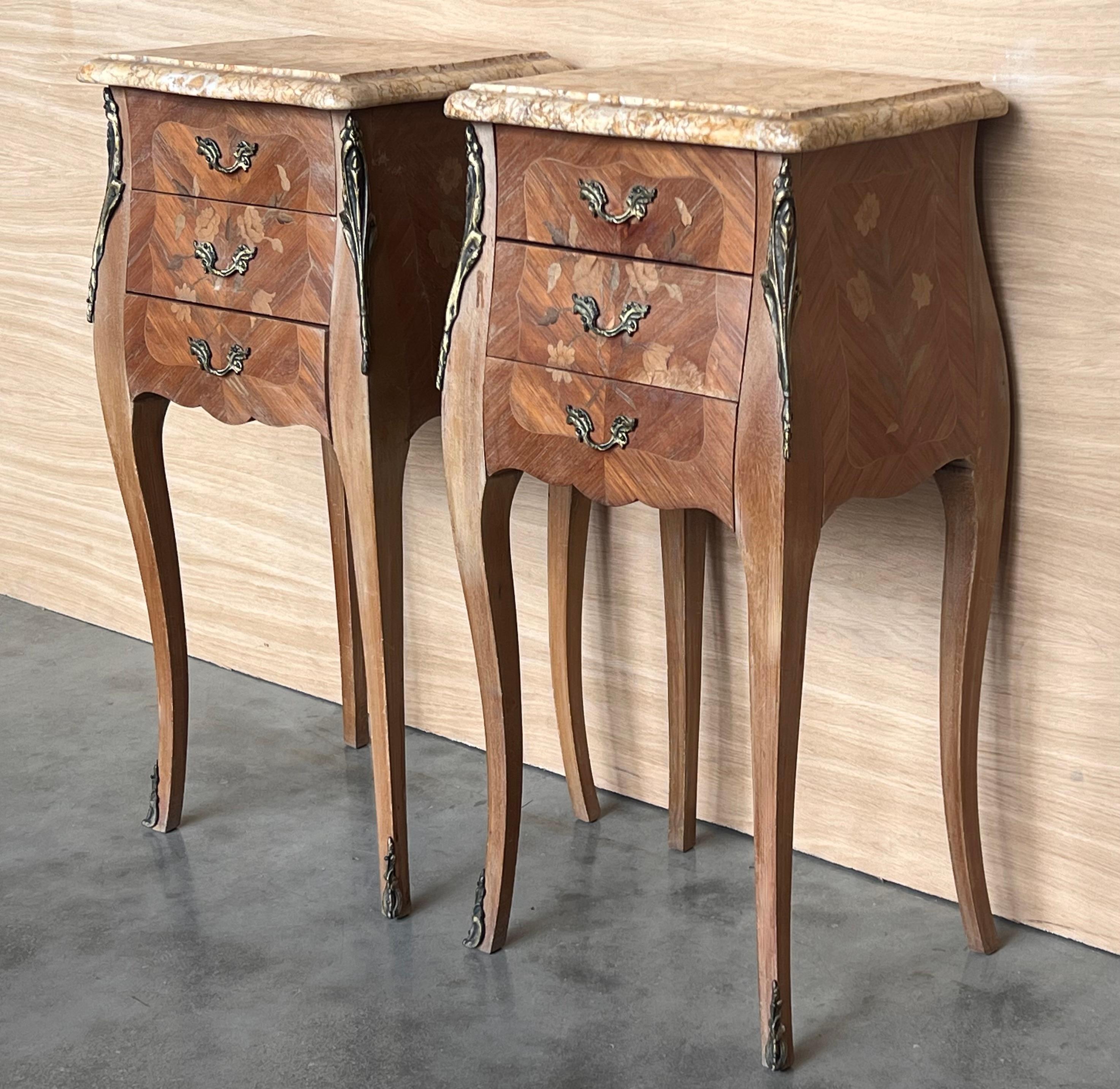 Pair Antique French Louis XV Marquetry Marble Top Nightstands In Good Condition For Sale In Miami, FL