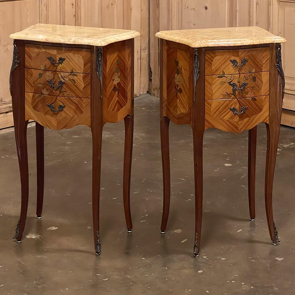 Pair Antique French Louis XV Marquetry Marble Top Nightstands In Good Condition For Sale In Dallas, TX