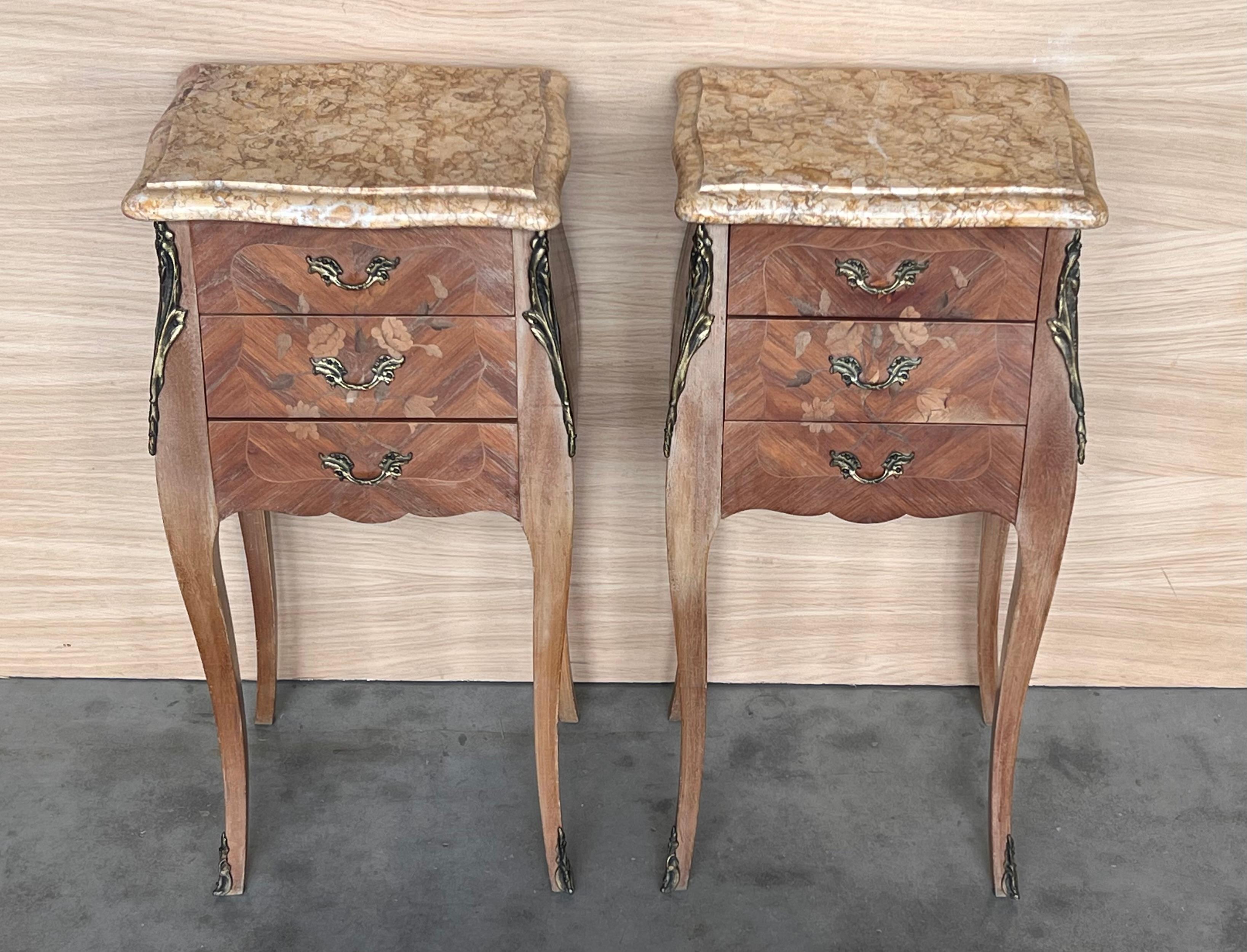 19th Century Pair Antique French Louis XV Marquetry Marble Top Nightstands For Sale