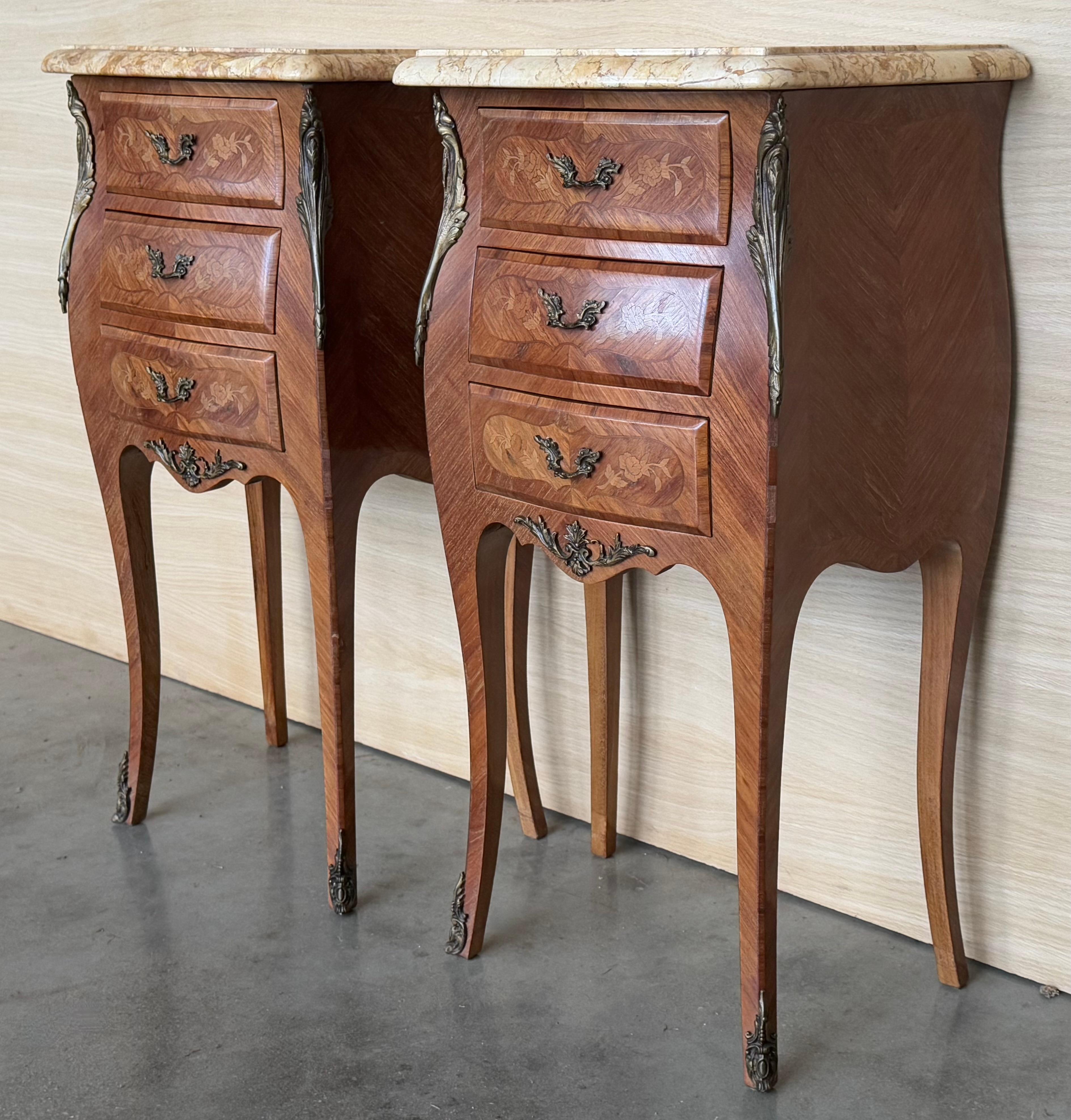 19th Century Pair Antique French Louis XV Marquetry Marble Top Nightstands For Sale