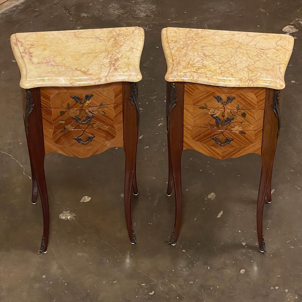 20th Century Pair Antique French Louis XV Marquetry Marble Top Nightstands For Sale