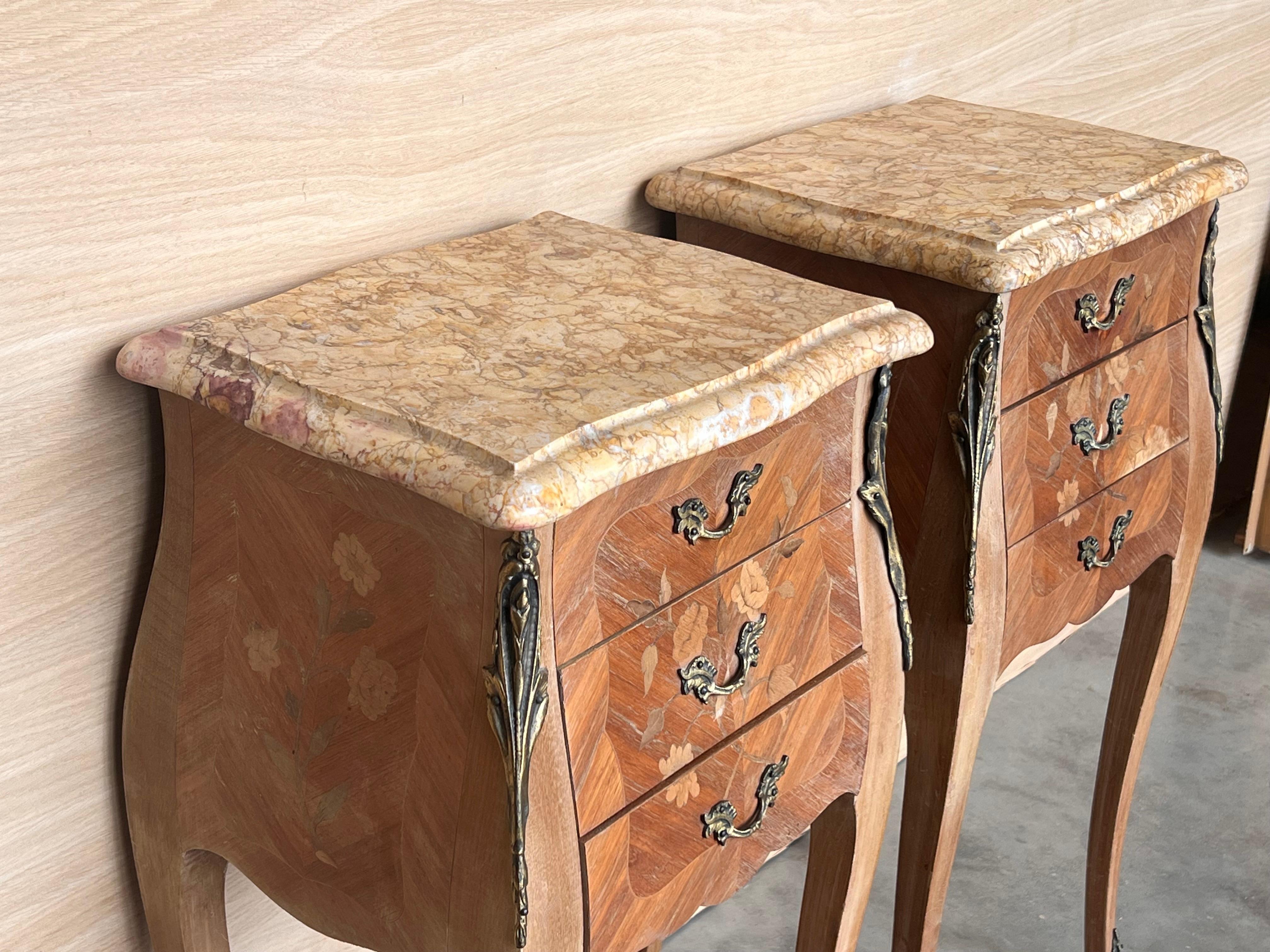 Pair Antique French Louis XV Marquetry Marble Top Nightstands For Sale 1