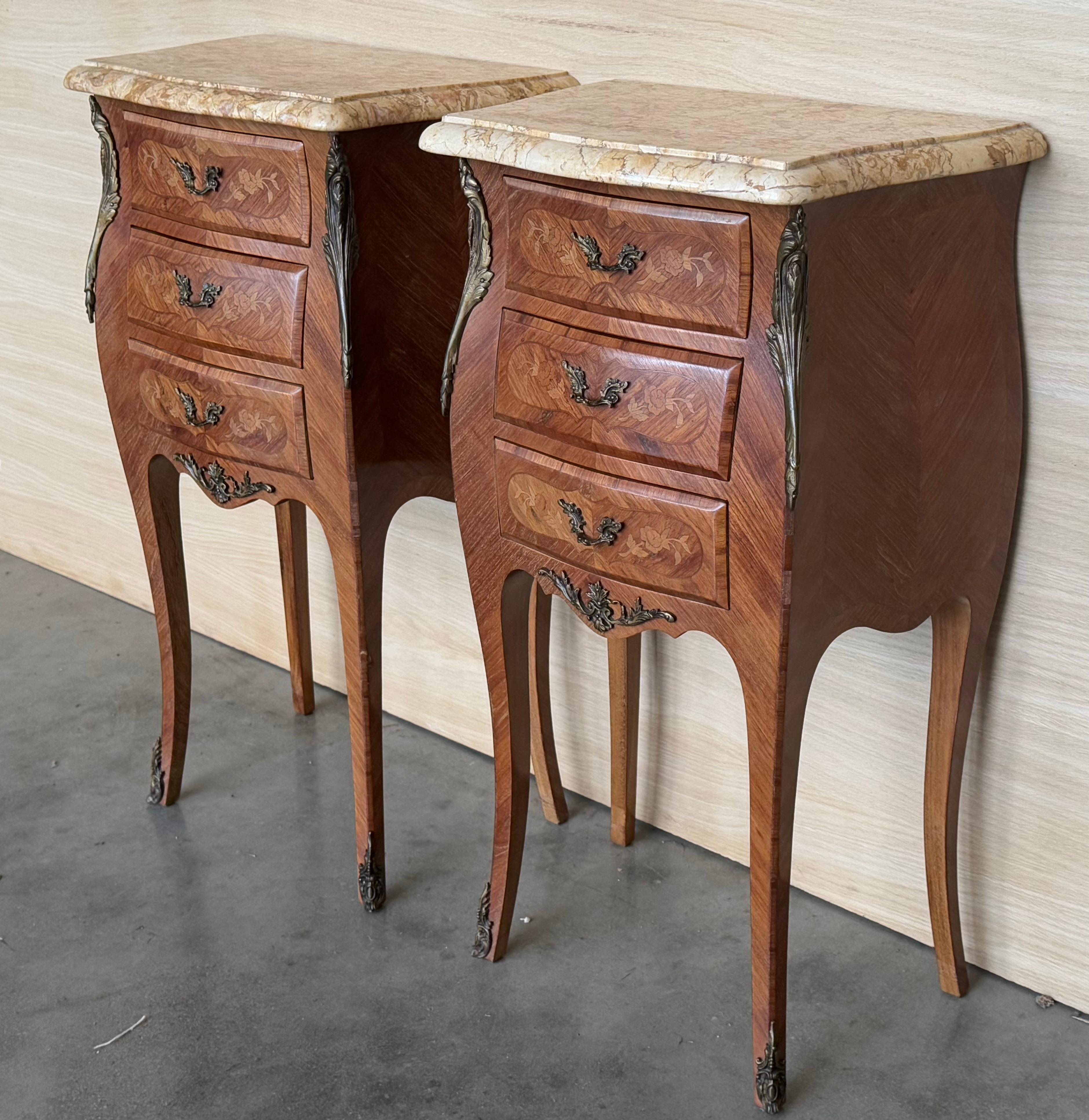 Pair Antique French Louis XV Marquetry Marble Top Nightstands For Sale 1