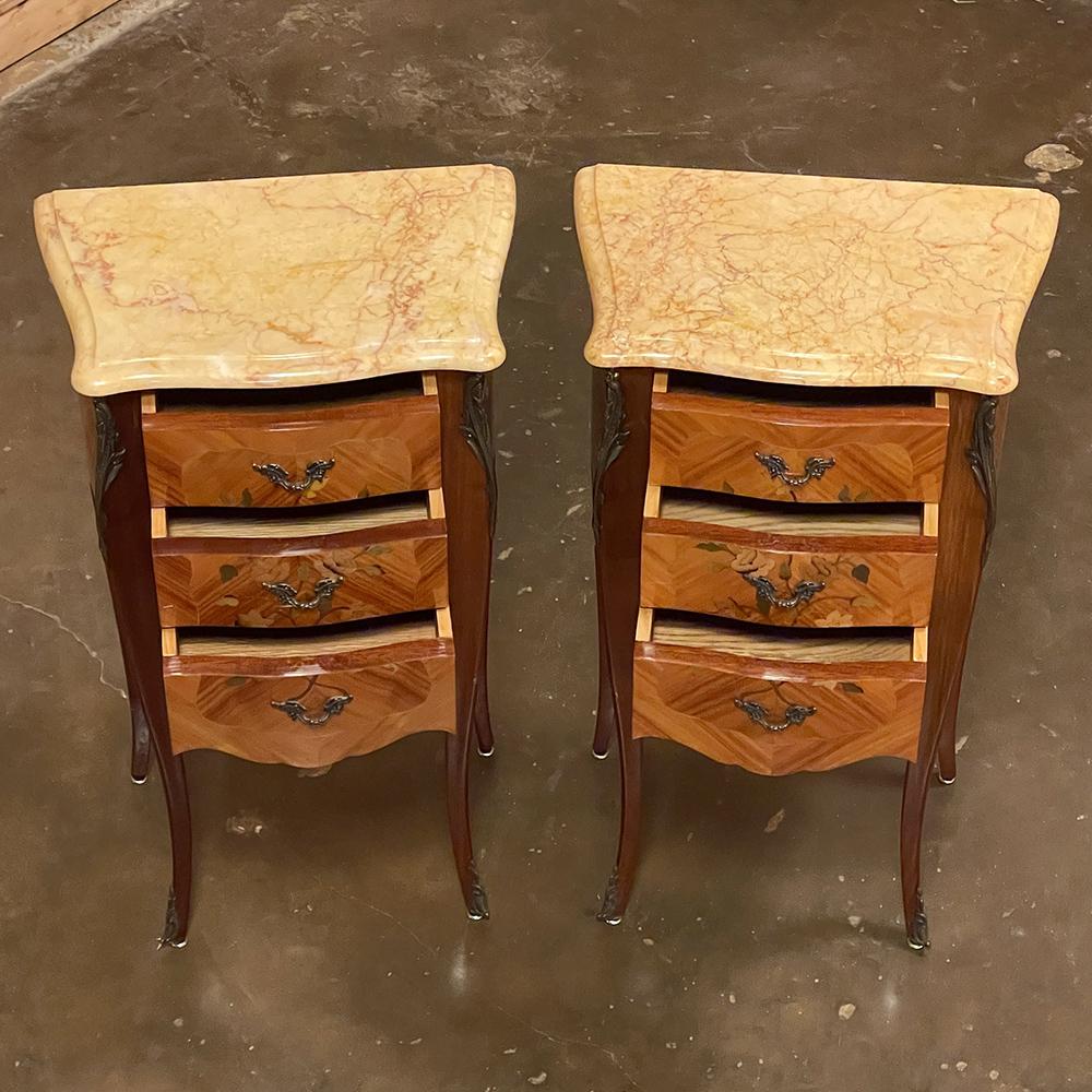 Brass Pair Antique French Louis XV Marquetry Marble Top Nightstands For Sale