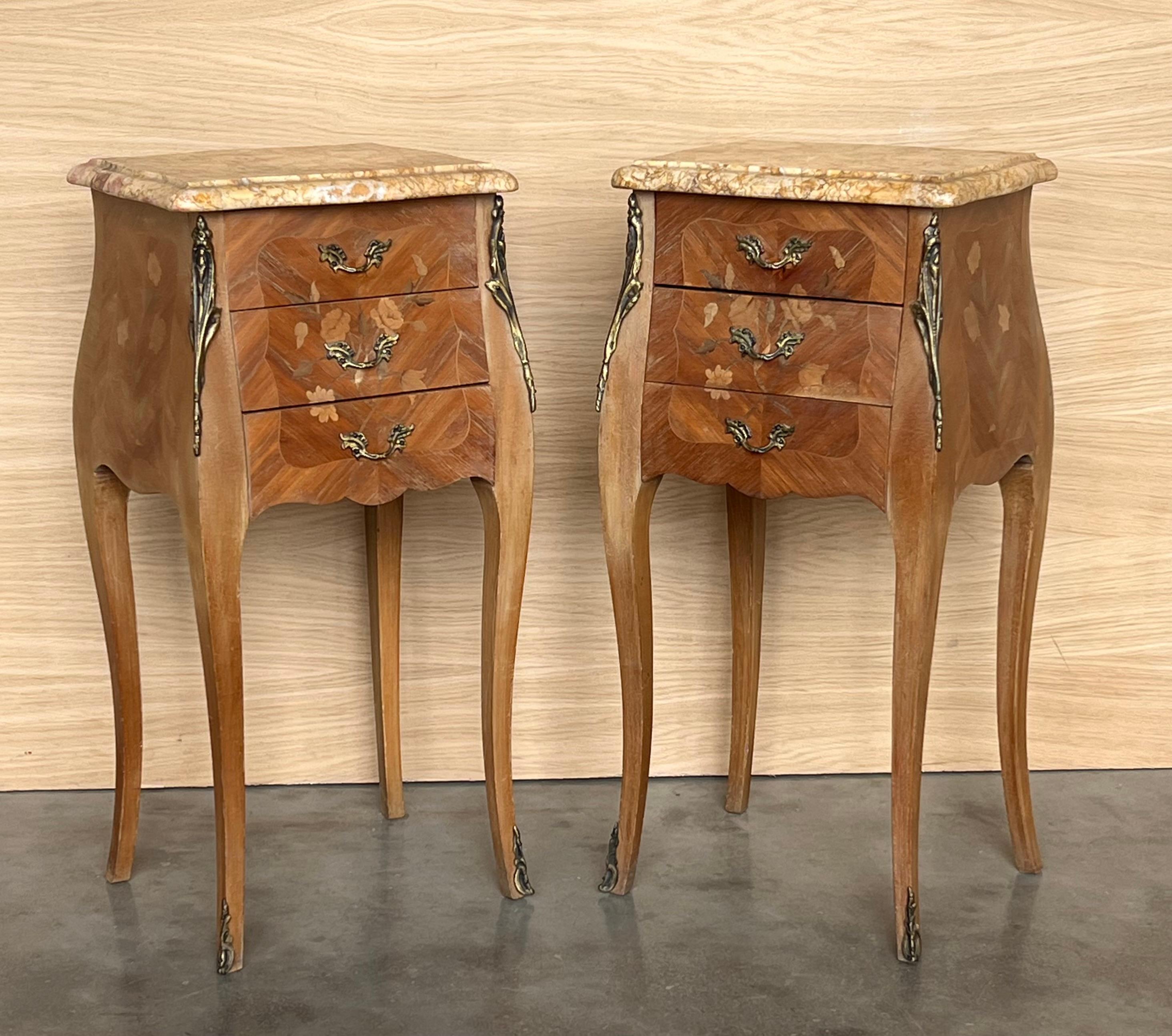 Pair Antique French Louis XV Marquetry Marble Top Nightstands For Sale 2