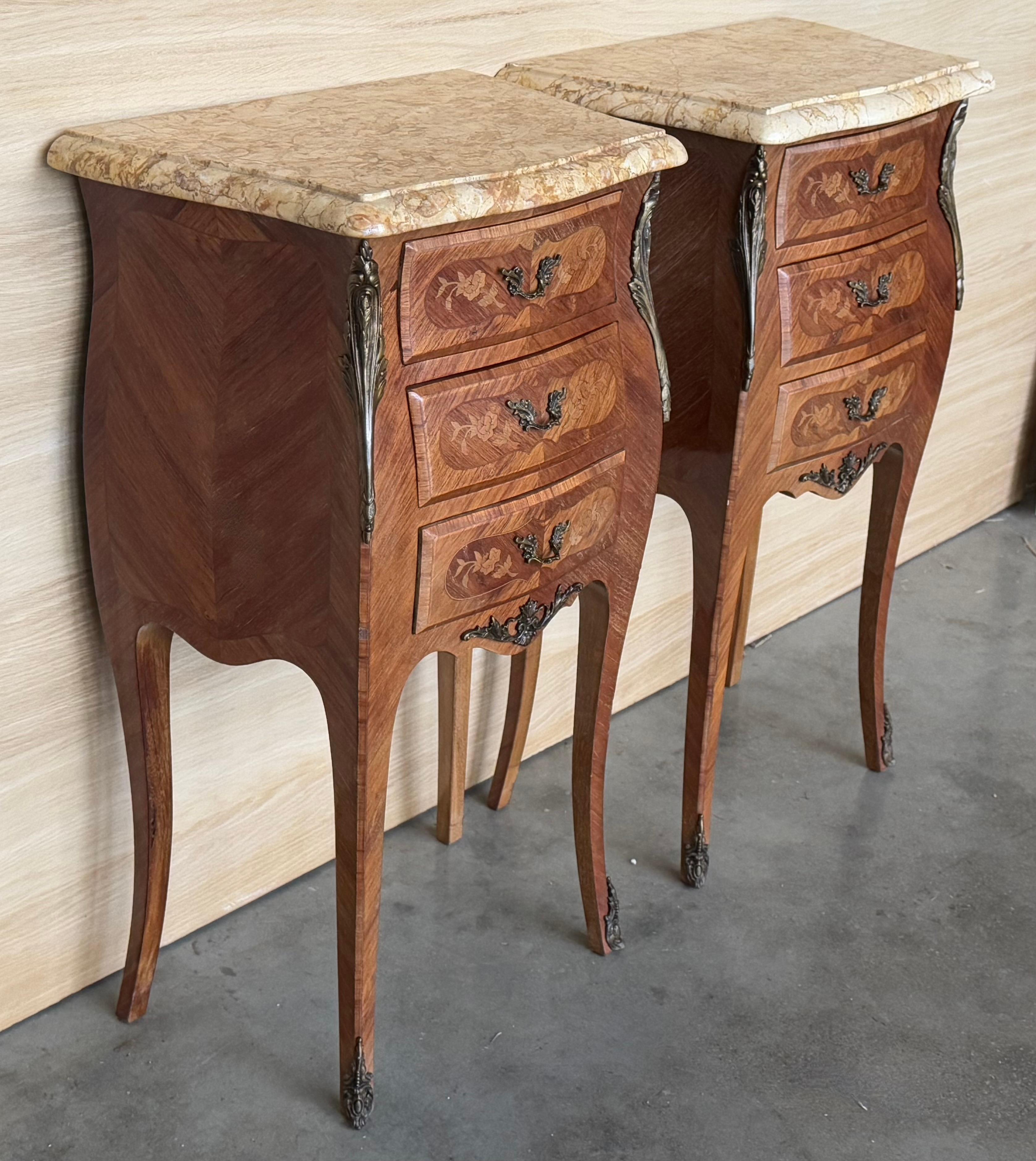 Pair Antique French Louis XV Marquetry Marble Top Nightstands For Sale 2