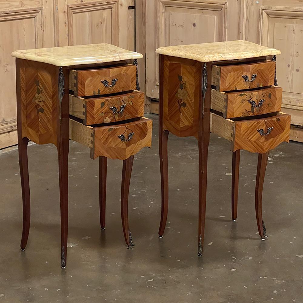 Pair Antique French Louis XV Marquetry Marble Top Nightstands For Sale 1