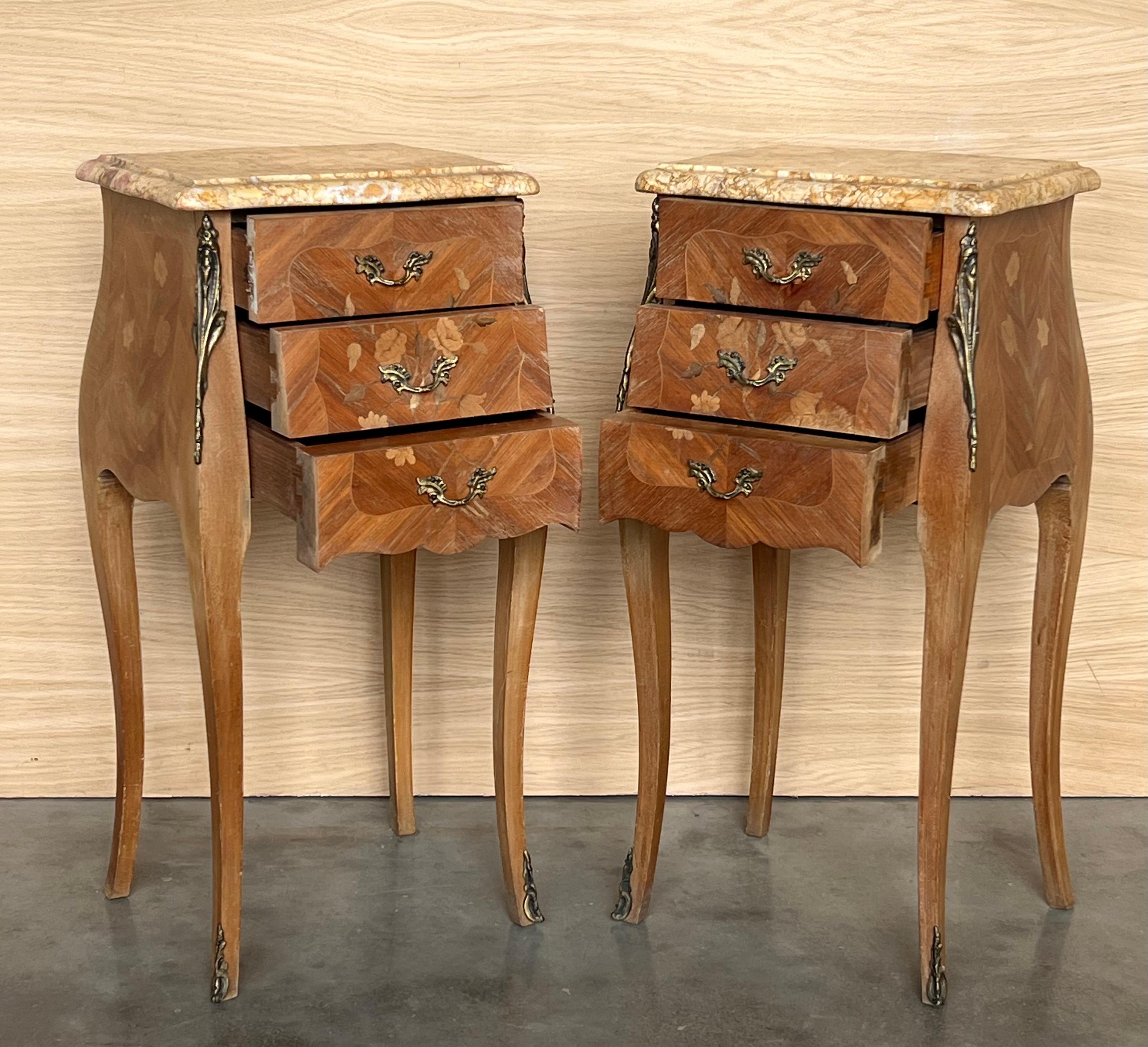 Pair Antique French Louis XV Marquetry Marble Top Nightstands For Sale 3