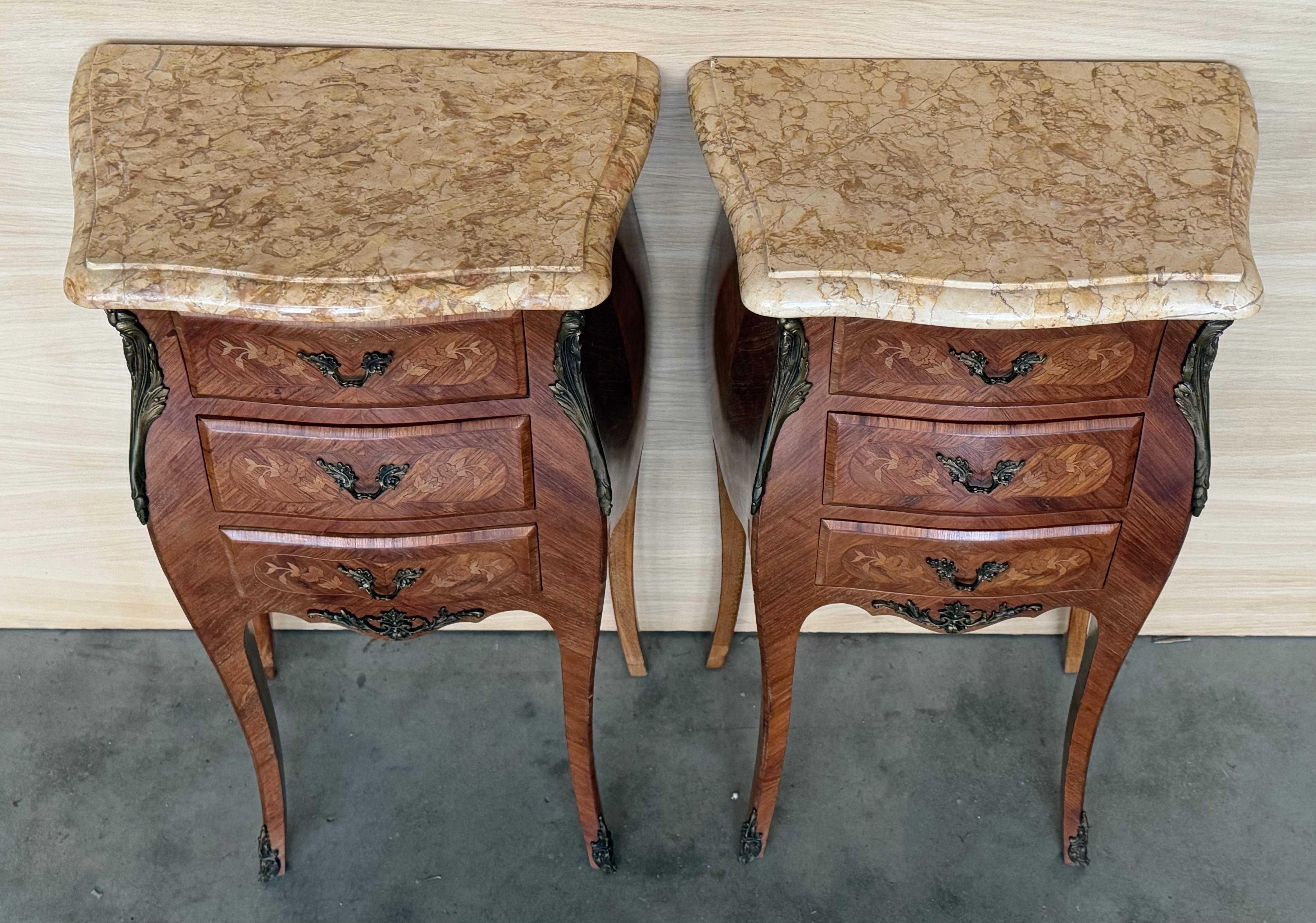 Pair Antique French Louis XV Marquetry Marble Top Nightstands For Sale 3