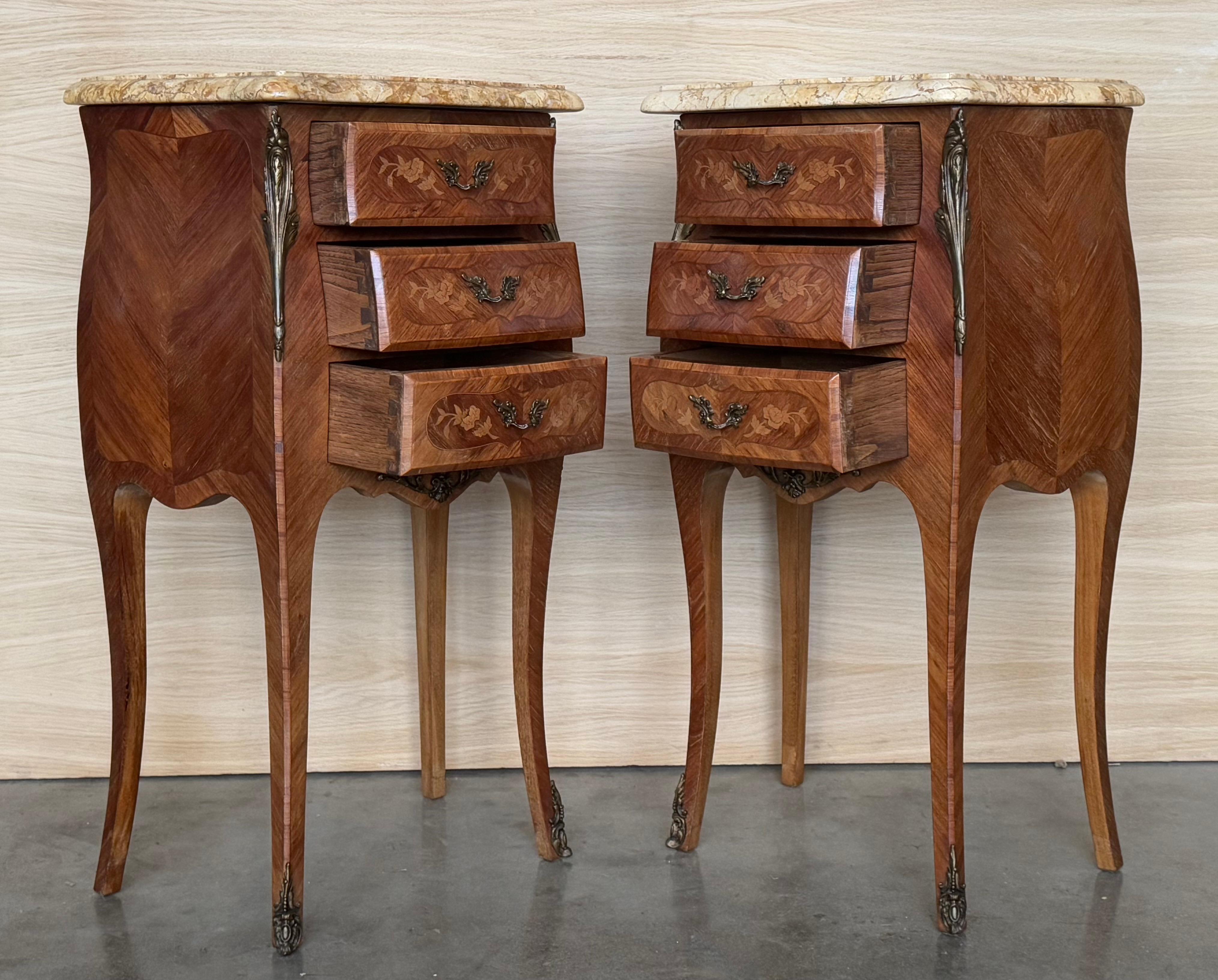 Pair Antique French Louis XV Marquetry Marble Top Nightstands For Sale 4