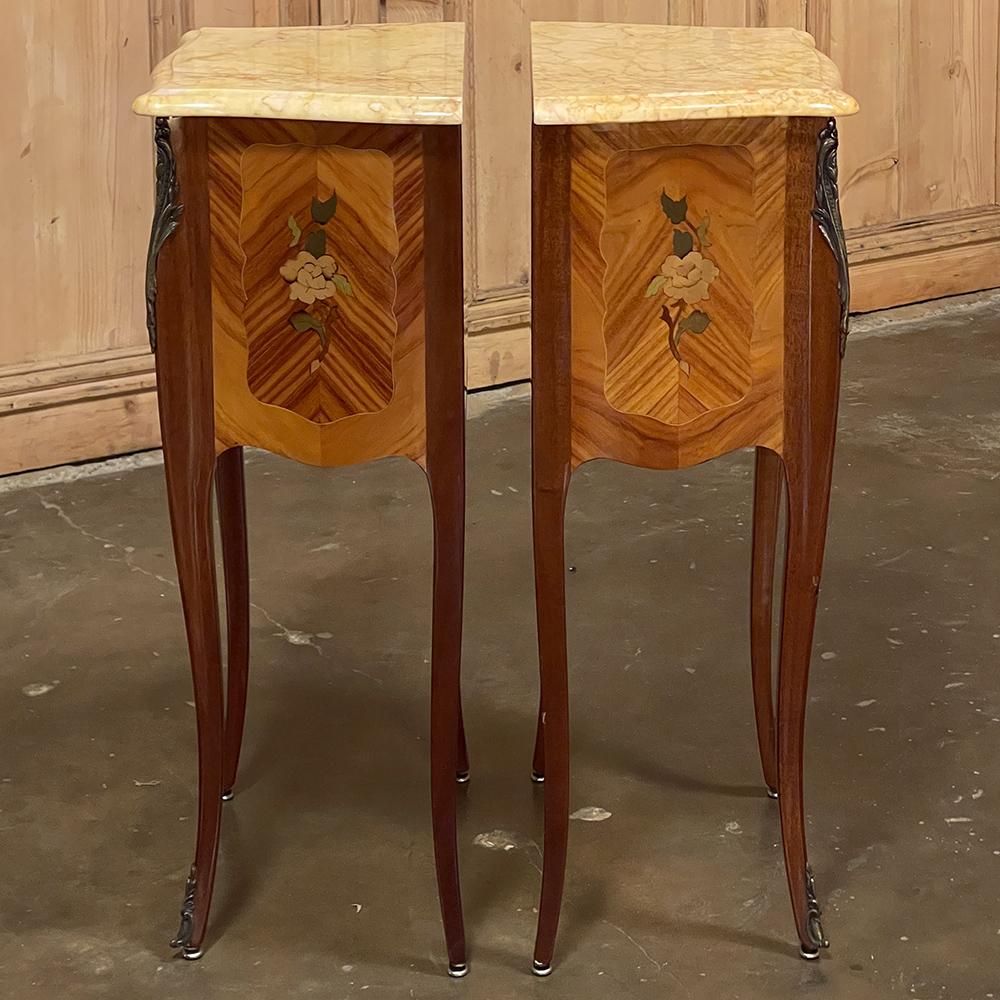 Pair Antique French Louis XV Marquetry Marble Top Nightstands For Sale 3