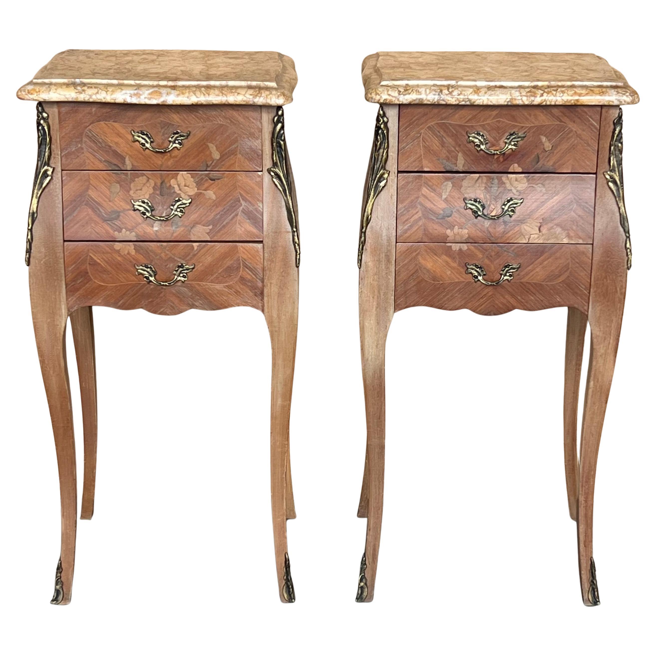 Pair Antique French Louis XV Marquetry Marble Top Nightstands