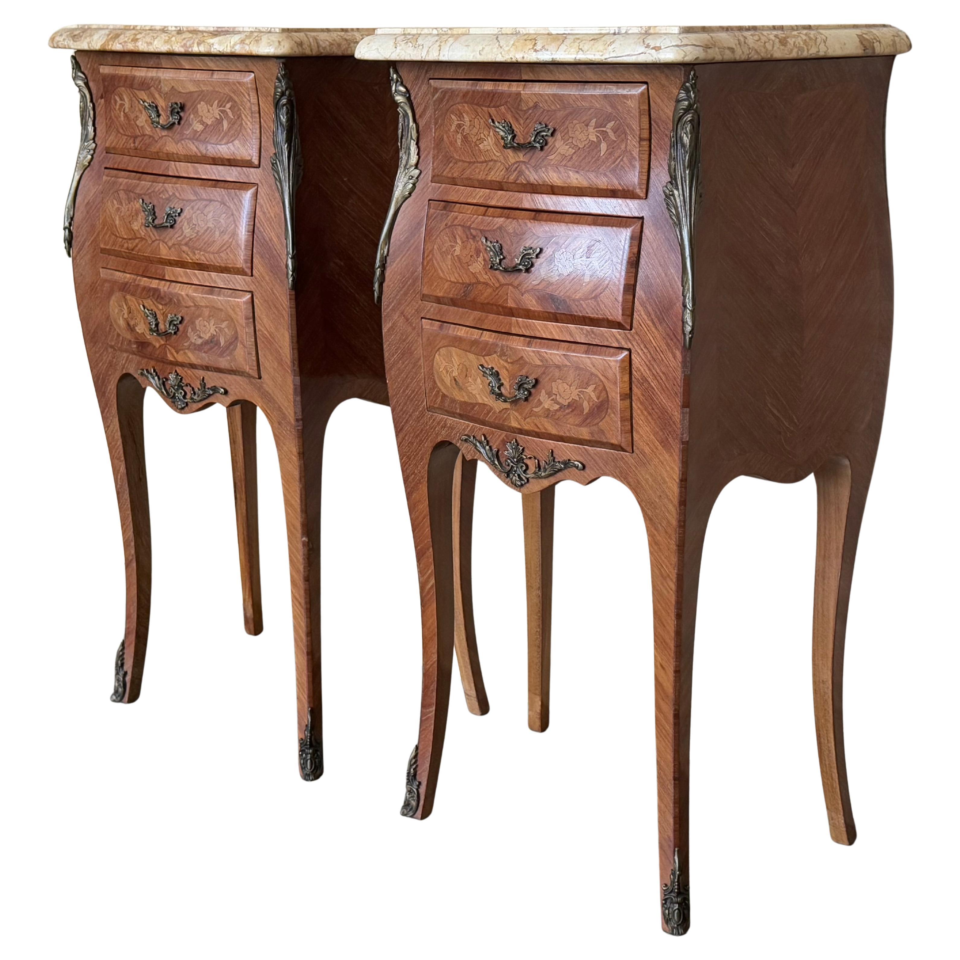 Pair Antique French Louis XV Marquetry Marble Top Nightstands