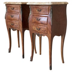 Pair Antique French Louis XV Marquetry Marble Top Nightstands