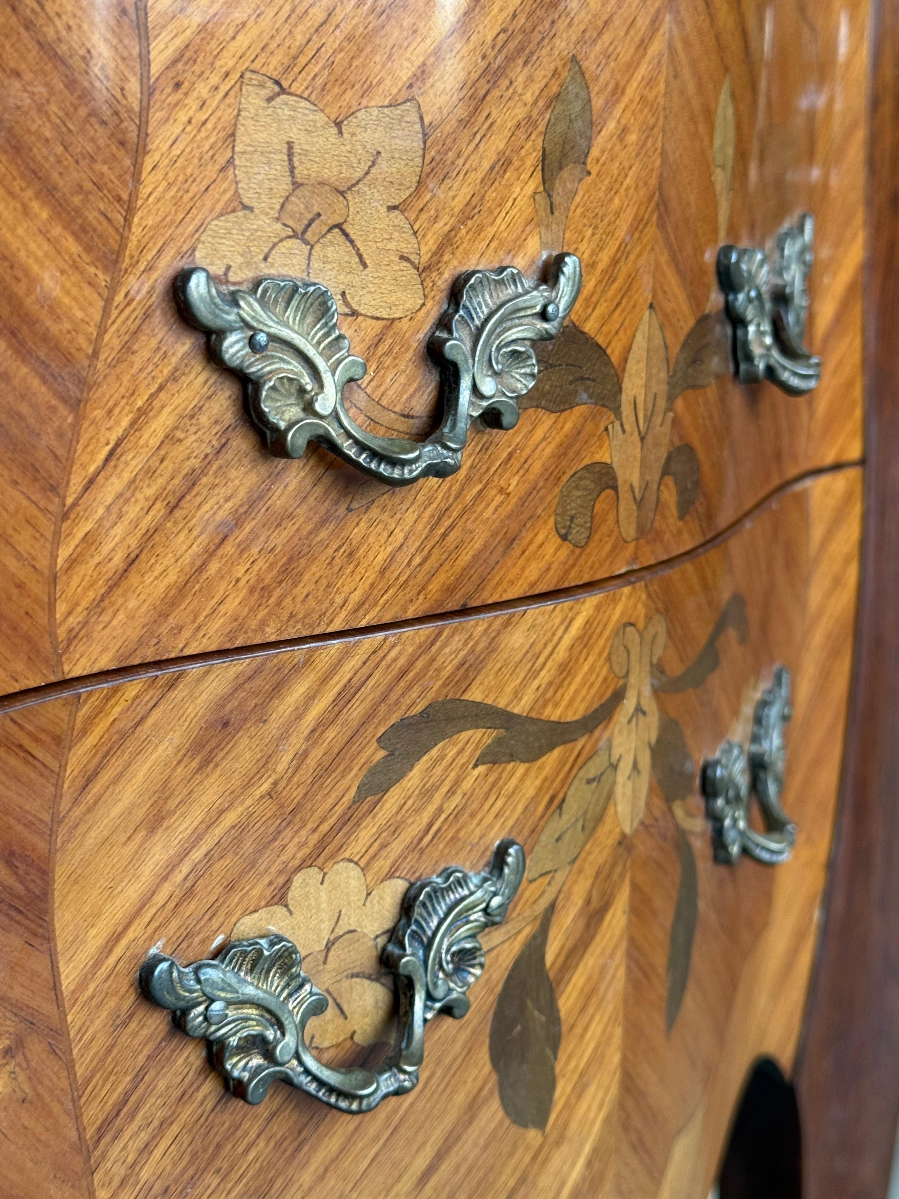 Pair Antique French Louis XV Marquetry Marble Top Nightstands with Two Drawers For Sale 5