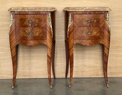 Pair Antique French Louis XV Marquetry Marble Top Nightstands with Two Drawers