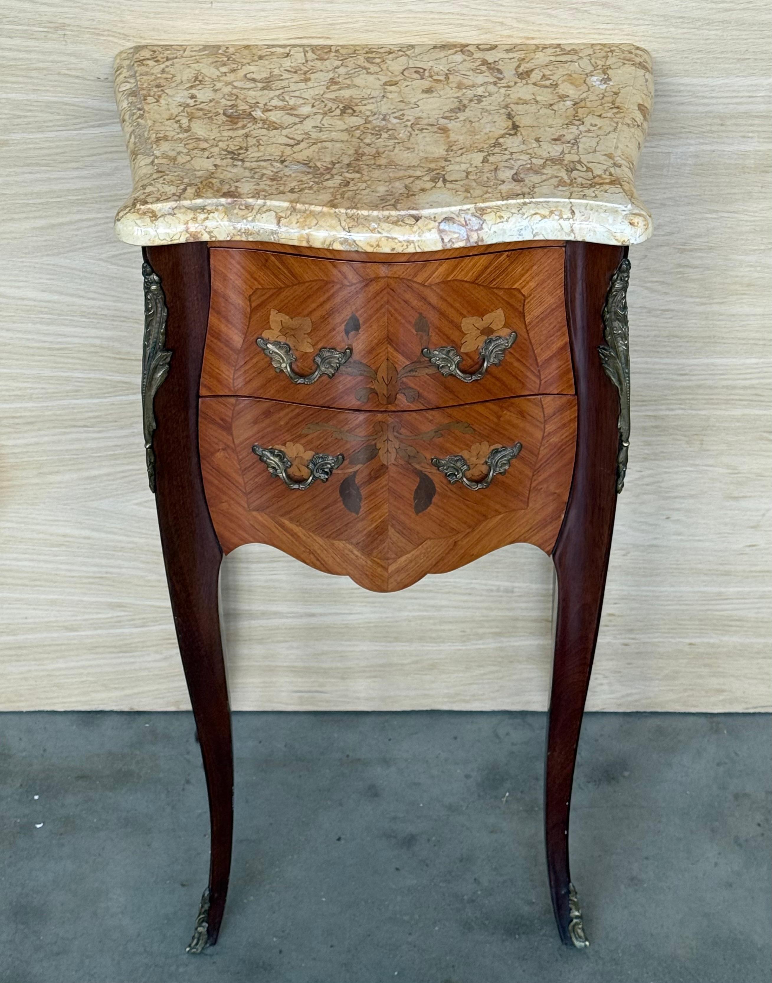 French Provincial Pair Antique French Louis XV Marquetry Marble Top Nightstands with Two Drawers For Sale