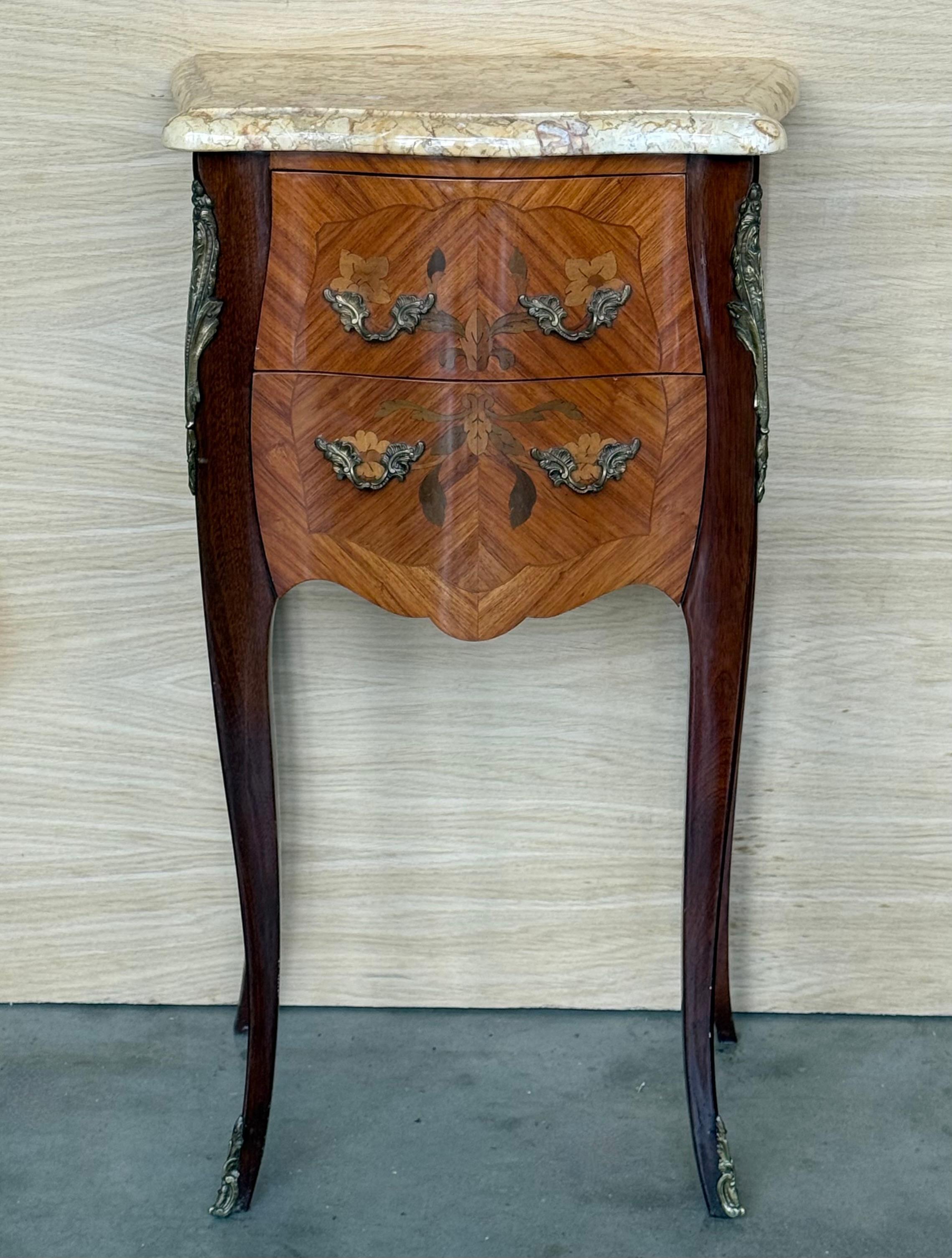 Pair Antique French Louis XV Marquetry Marble Top Nightstands with Two Drawers In Good Condition For Sale In Miami, FL