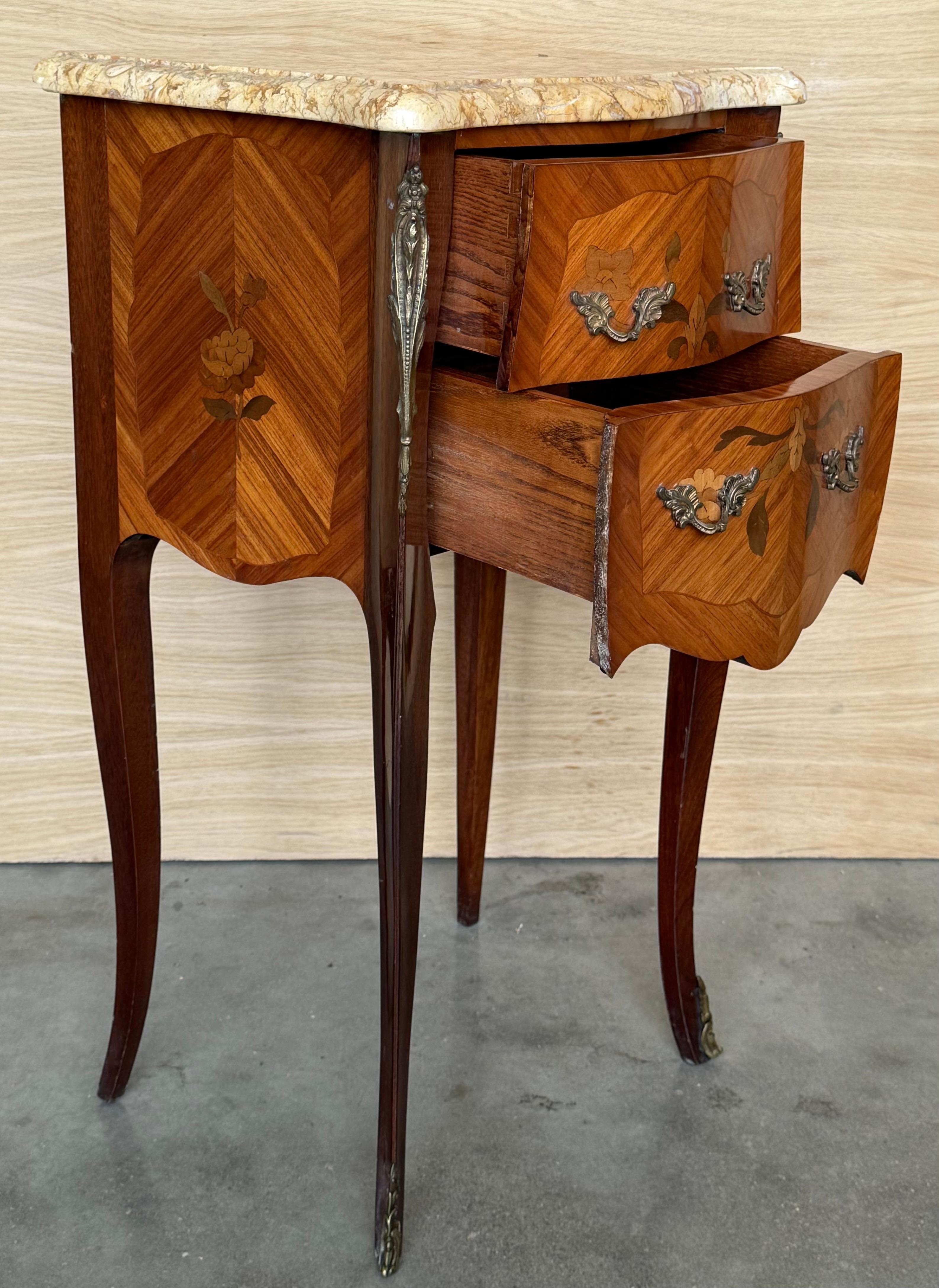 Pair Antique French Louis XV Marquetry Marble Top Nightstands with Two Drawers For Sale 1